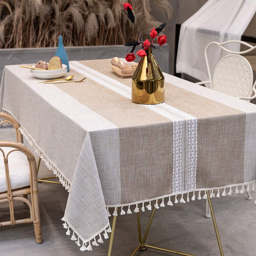 TEWENE Table Cloth, Rectangle Table Cloths Wrinkle Free Tablecloth Cotton Linen Tablecloths Stitching Tassle Tablecloth Br...