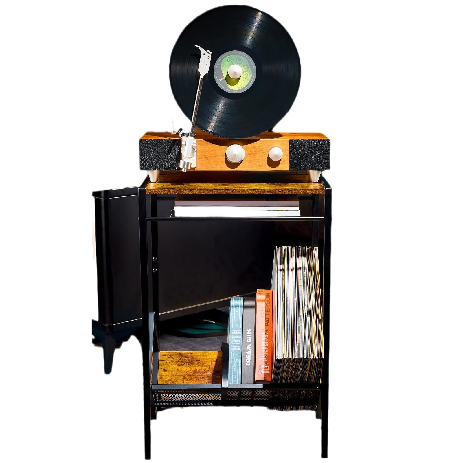 Soporte para tocadiscos de 2 niveles con almacenamiento de vinilo, soporte giratorio retro para 80 | Organizador pequeño de madera y metal con ruedas para esquina de sala de estar