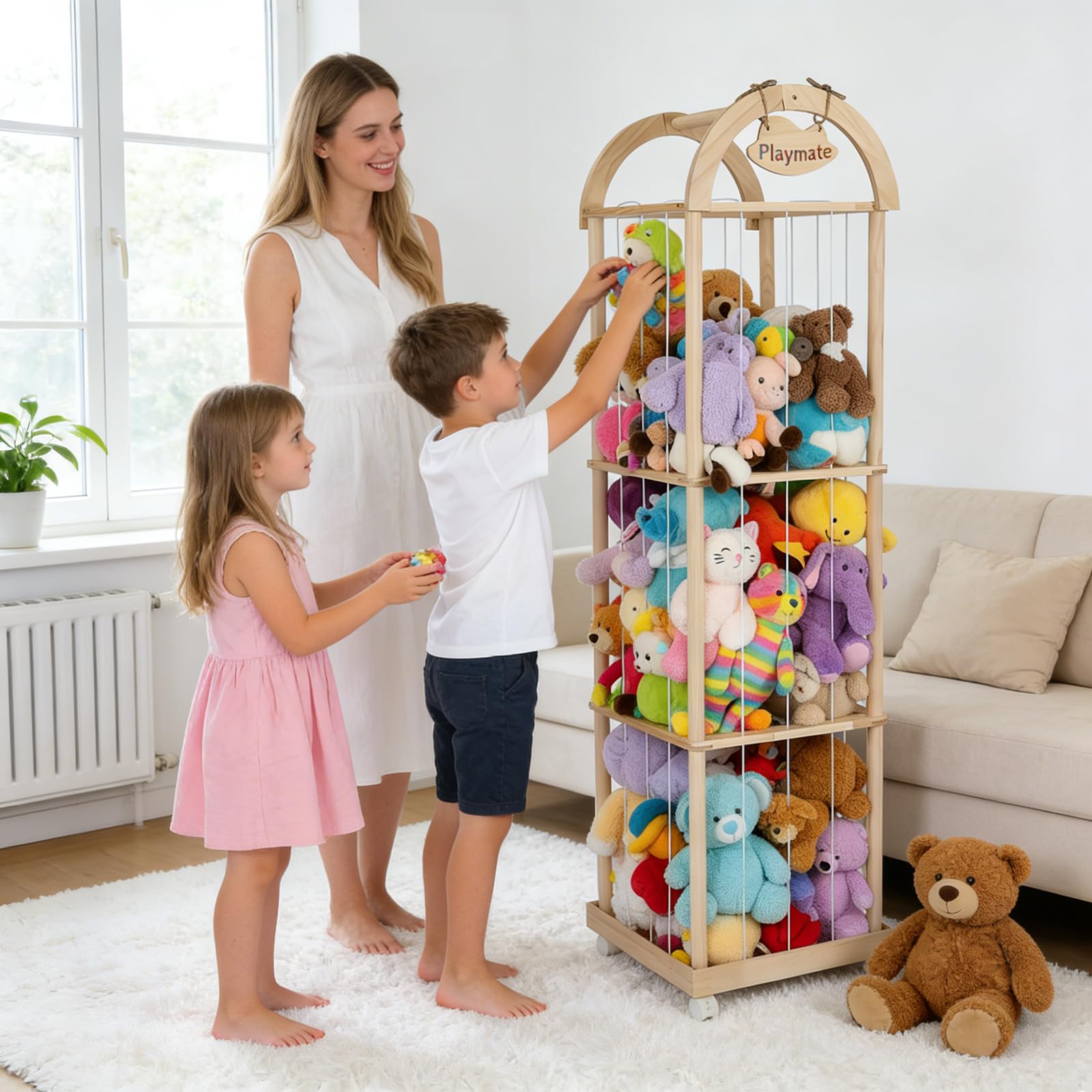 Holz Kuscheltier Aufbewahrung, Stofftier Aufbewahrung mit 360°Bremse-Ausgestattete Räder, 150 * 40 * 40cm Plüschtier Spielzeug Organizer für Kinderzimmer, Wohnzimmer und Schlafzimmer