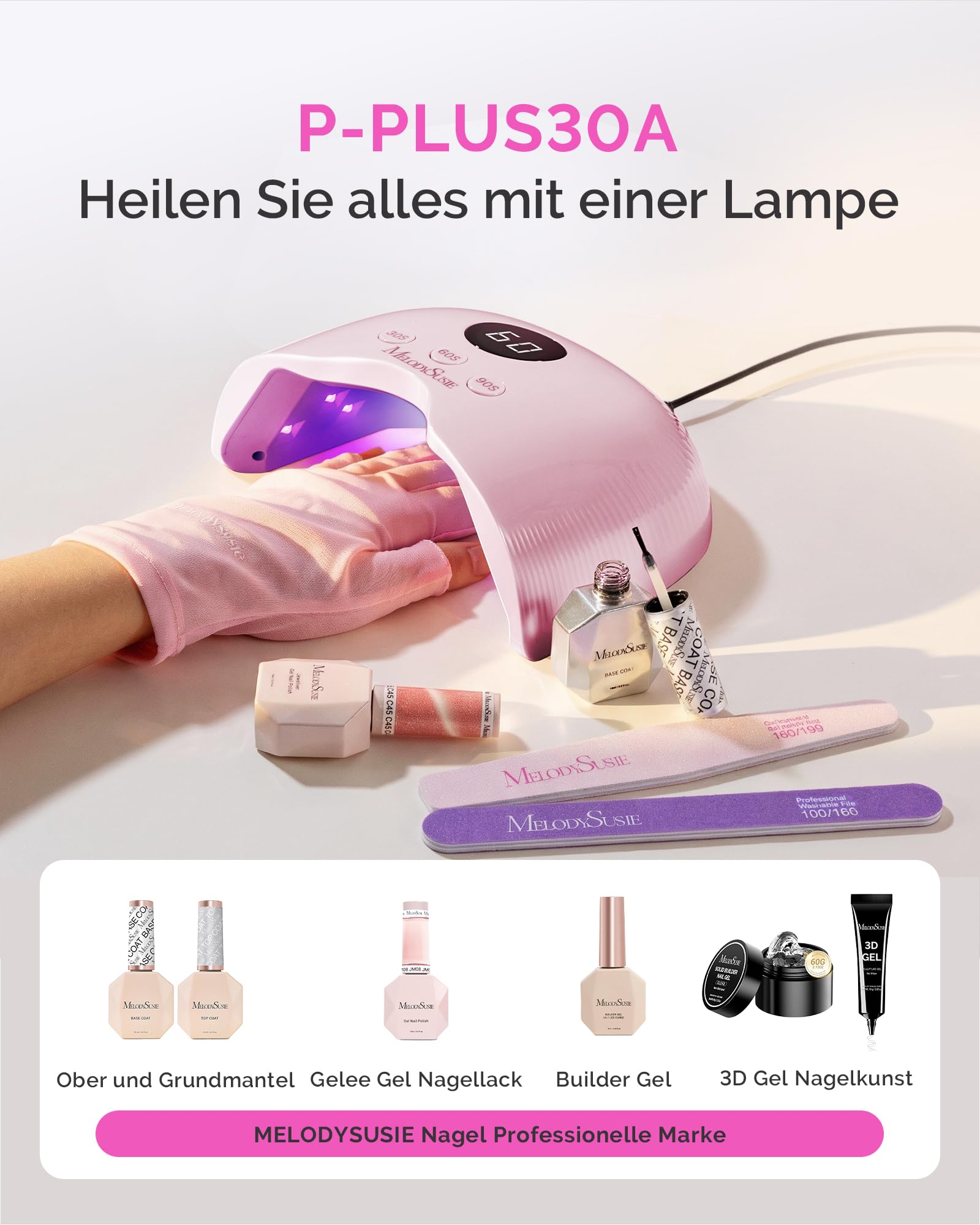 MelodySusie 24W UV Lampe für Gelnägel mit UV Schutzhandschuhe, P-PLUS30A LED Nageltrockner mit Smart Sensor & LCD Display, 3 Timer Lichthärtungsgerät für Nailart DIY Anfänger, Rosa
