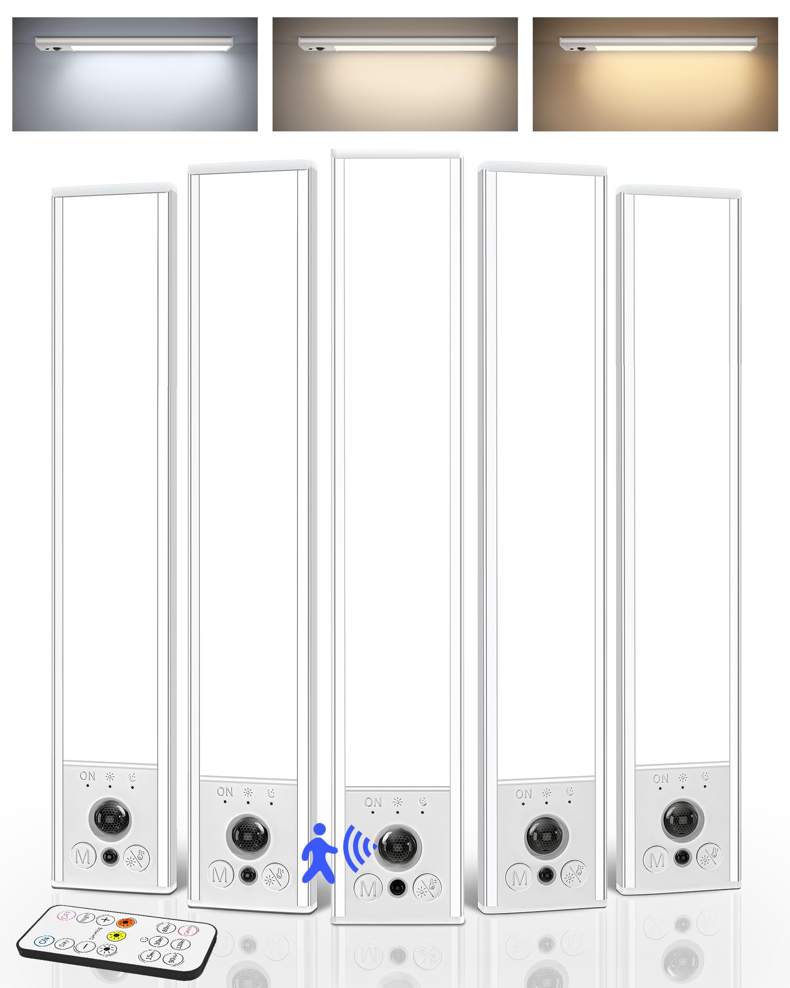 EZVALO Under Cabinet Kitchen Lights, Motion Sensor Lights Indoor, 5-Pack 2400mAh 25.5cm Magnetic Lights with Dimmable & 3 Color Temps, Magnetic Stick Lights for Shelf Stairs Wardrobe Closet