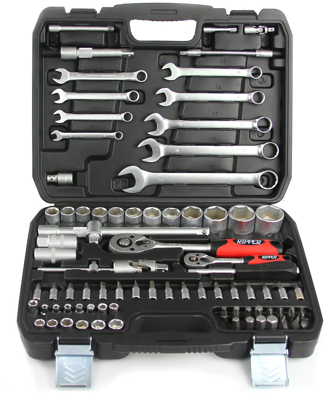 Set kit chiavi a cricchetto bussole valigia utensili 82 pz inserti per officina Bussole inserti 1/4" 1/2"