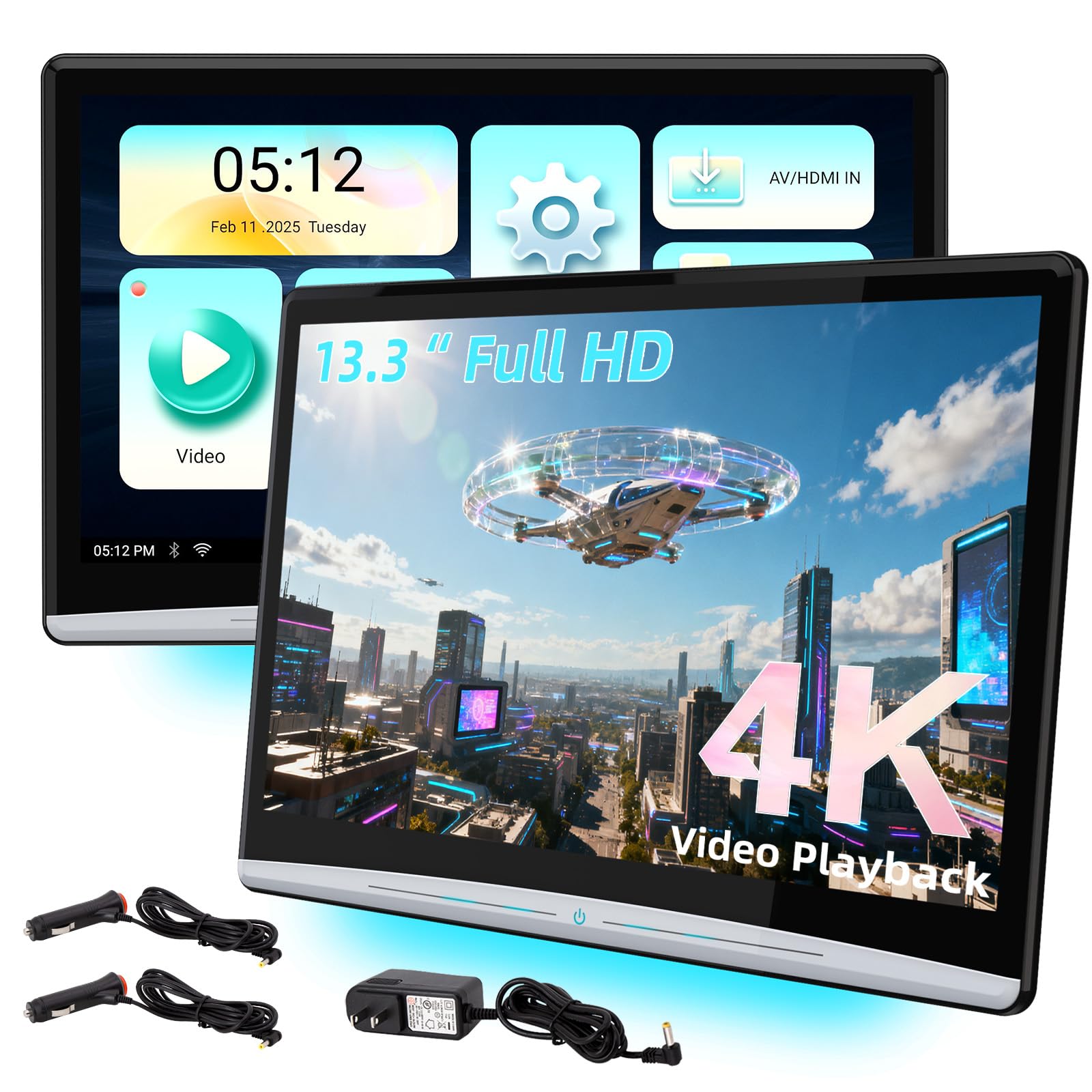 Kaskawise 13.3" Android 11 Car Headrest Video Players with 2.4G/5G Dual Brand WiFi, Dual Rear Seat TV Monitors Can Sync Screens, IPS Touch Screen 4K Tablets, HDMI Out/in Bluetooth FM USB-2G+32G