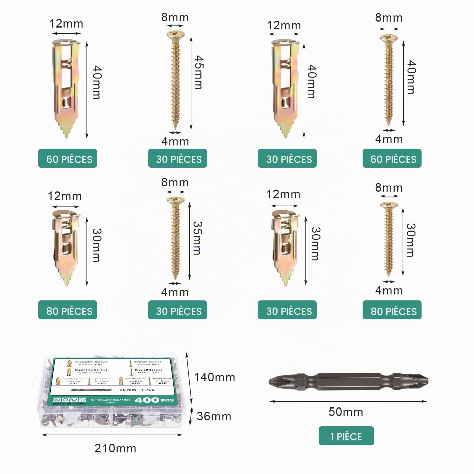 400PCS Kit de Chevilles et Vis Autoperceuses, Kit d'Ancrages et Vis Autoperceuses pour Cloisons Sèches, 4 Tailles Kit de Vis pour Plaques de Plâtre 2 Tailles Vis à Expansion Auto-Taraudeuses