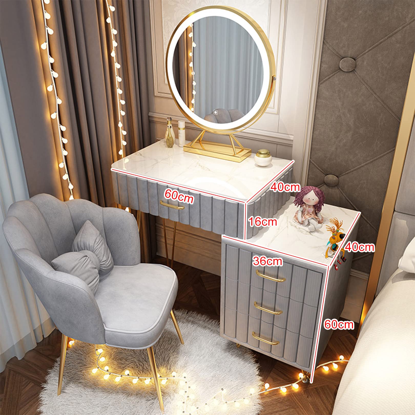 Scrivania moderna grigia con 4 cassetti, luminosità regolabile, specchio illuminato e sgabello, elegante tavolo da trucco per camera da letto, 60 cm, design elegante per gli amanti della bellezza