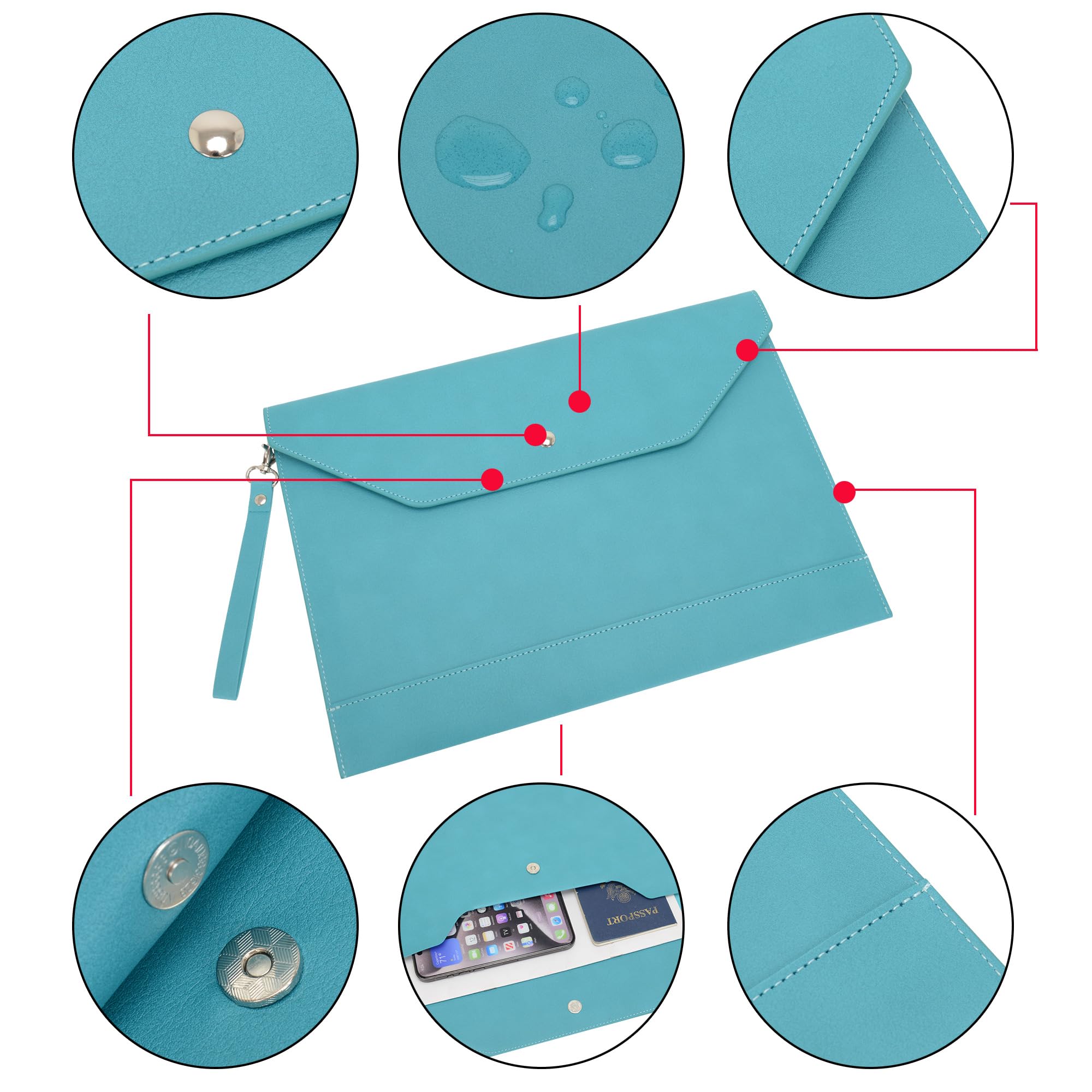 Wonderpool A4 Envelope Case Folder File Sleeve Thickened PU Leather with Removable Hand Strap and Inner Pockets Pouch for Document Stationery Tablet PC Holder Organizer Portfolio Bag (Cyan) - Image 2
