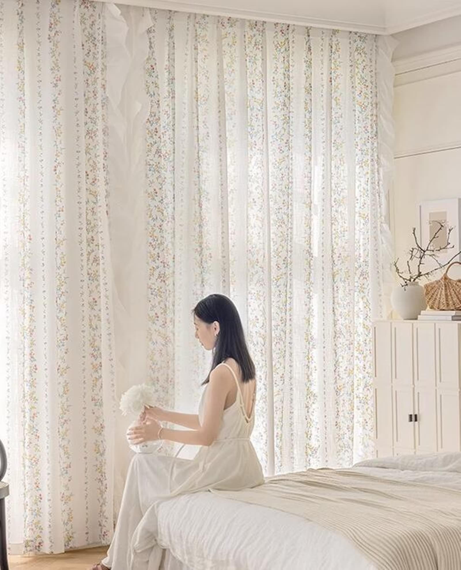 Epinki Voilage Chambre Fleur Imprimé avec Volants Coloré en Polyester 107 x 147 cm Lot de 2 Rideaux Salon à Oeillets