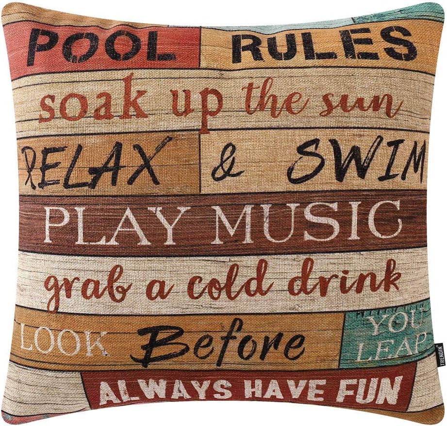 TRENDIN Wooden Plank Pool Rules Throw Pillow Cover 18x18 inch Pool Decor Cotton Linen Cushion Case for Sofa Couch PL506TR
