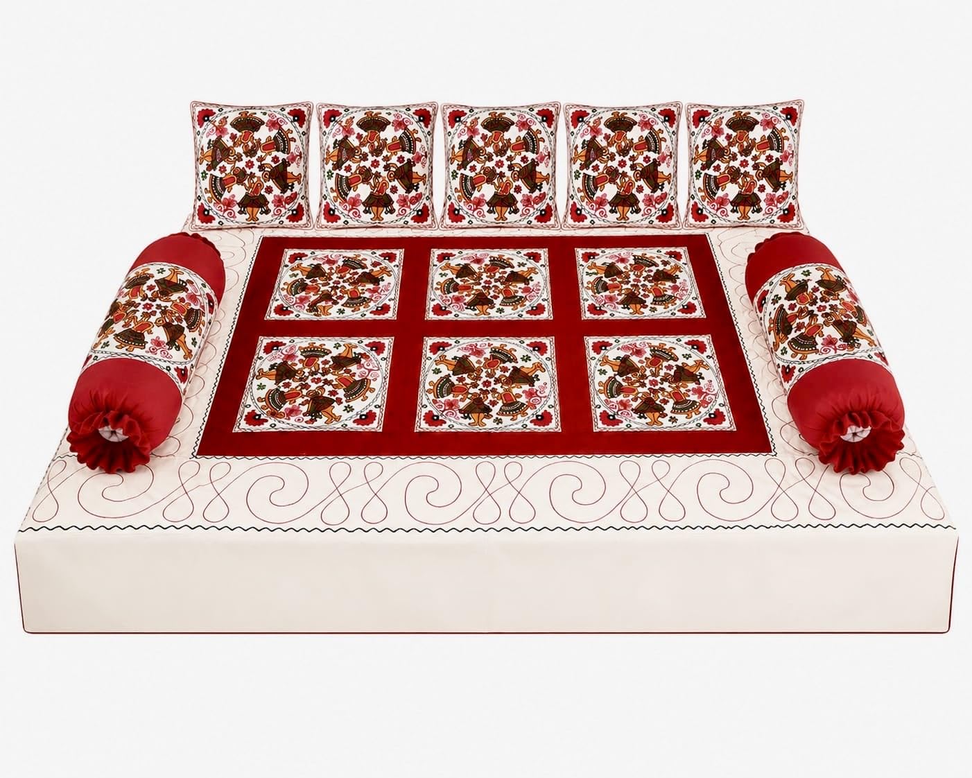 Handmade Cotton Dewan Set 8 Pieces - Traditional Rajasthani Embroidery Single Bedsheet with 5 Cushion Covers & 2 Bolster/Load Covers, Ethnic Indian Diwan Cot Bedding Set (Red Garba Design)-picture-31