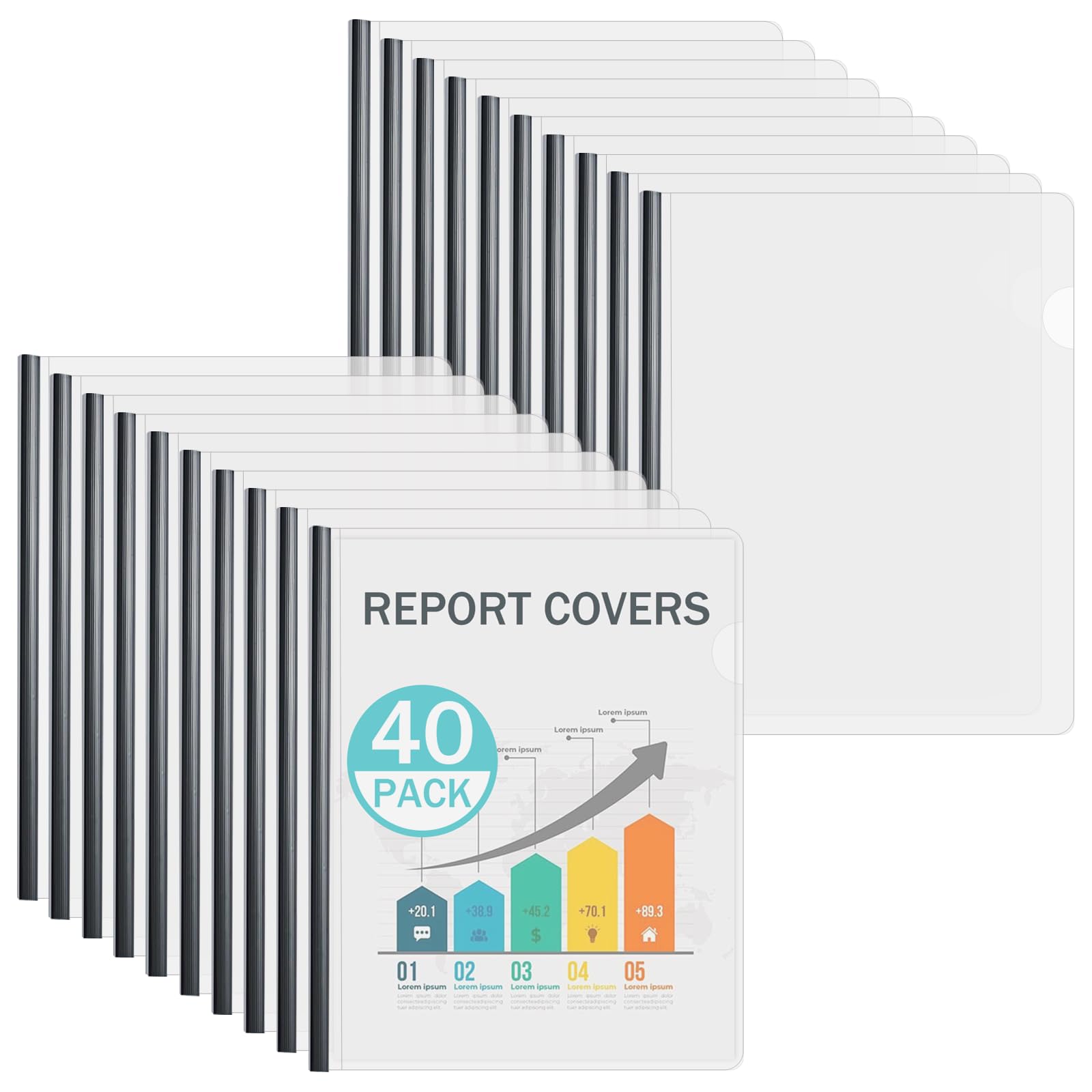 Binditek Clear Report Covers with Sliding Bars, 70 Sheet Capacity, 40 Pack