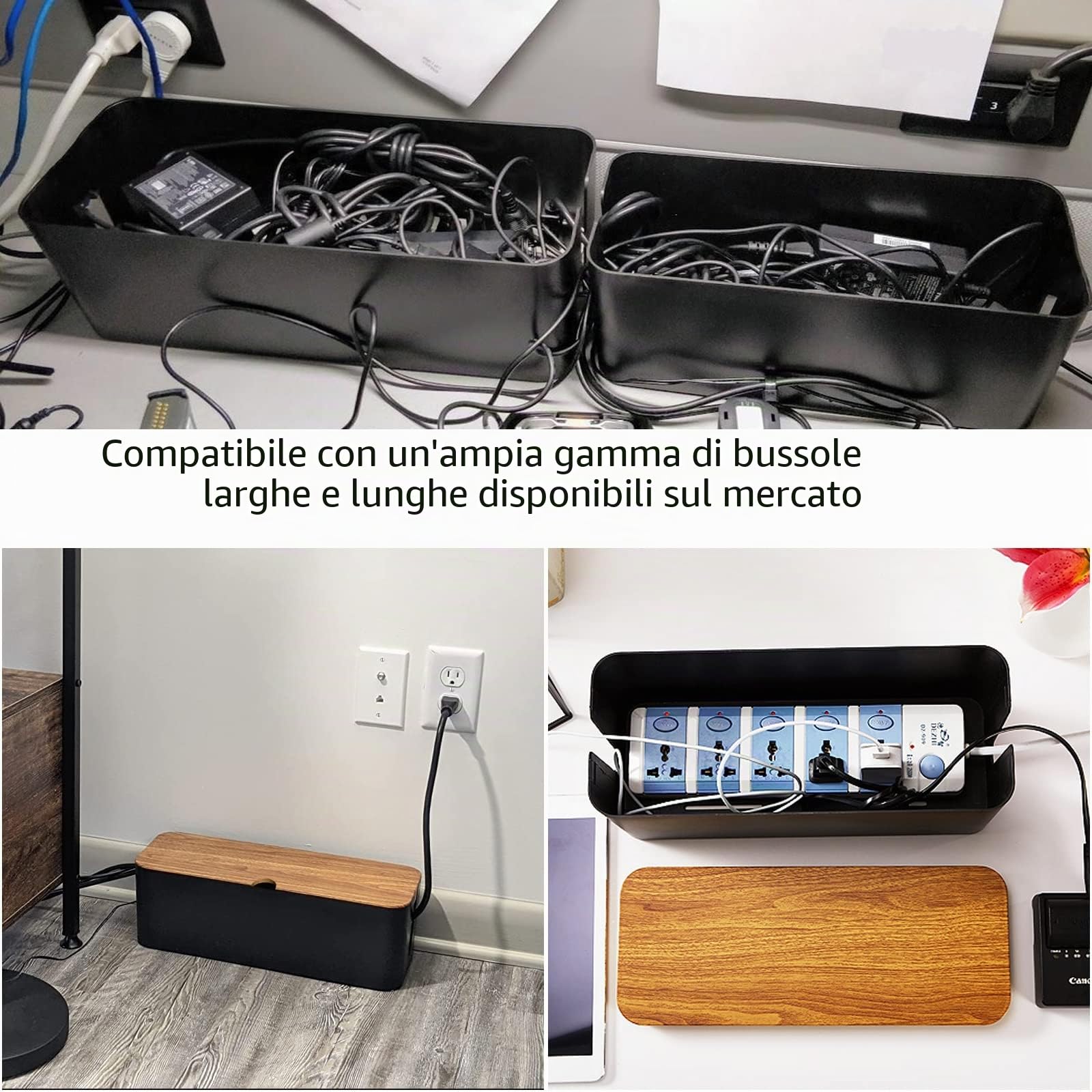 SENENQU 2 Pezzi Scatola Porta Cavi Nera, Nascondi Cavi per Ciabatte e Prese, Organizer Elegante con Coperchio Effetto Legno, Aperture Laterali, Adesivi 3M, per Scrivania Casa Ufficio