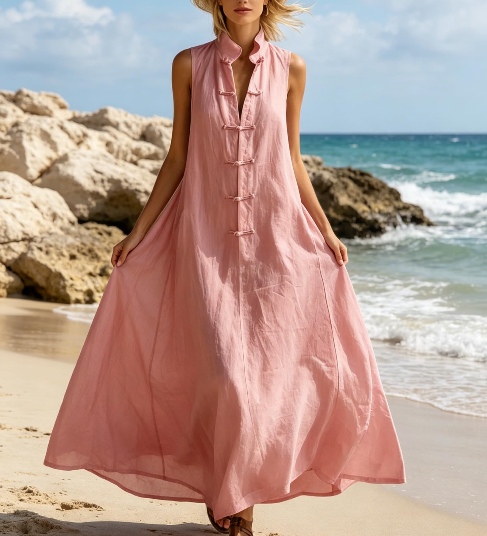 Generico Abito Lungo Estivo da Donna in Stile Boho: Modello Svasato (Linea ad A) e Ampio, con Collo alla Coreana, Senza Maniche e Chiusura Frontale a Bottoni
