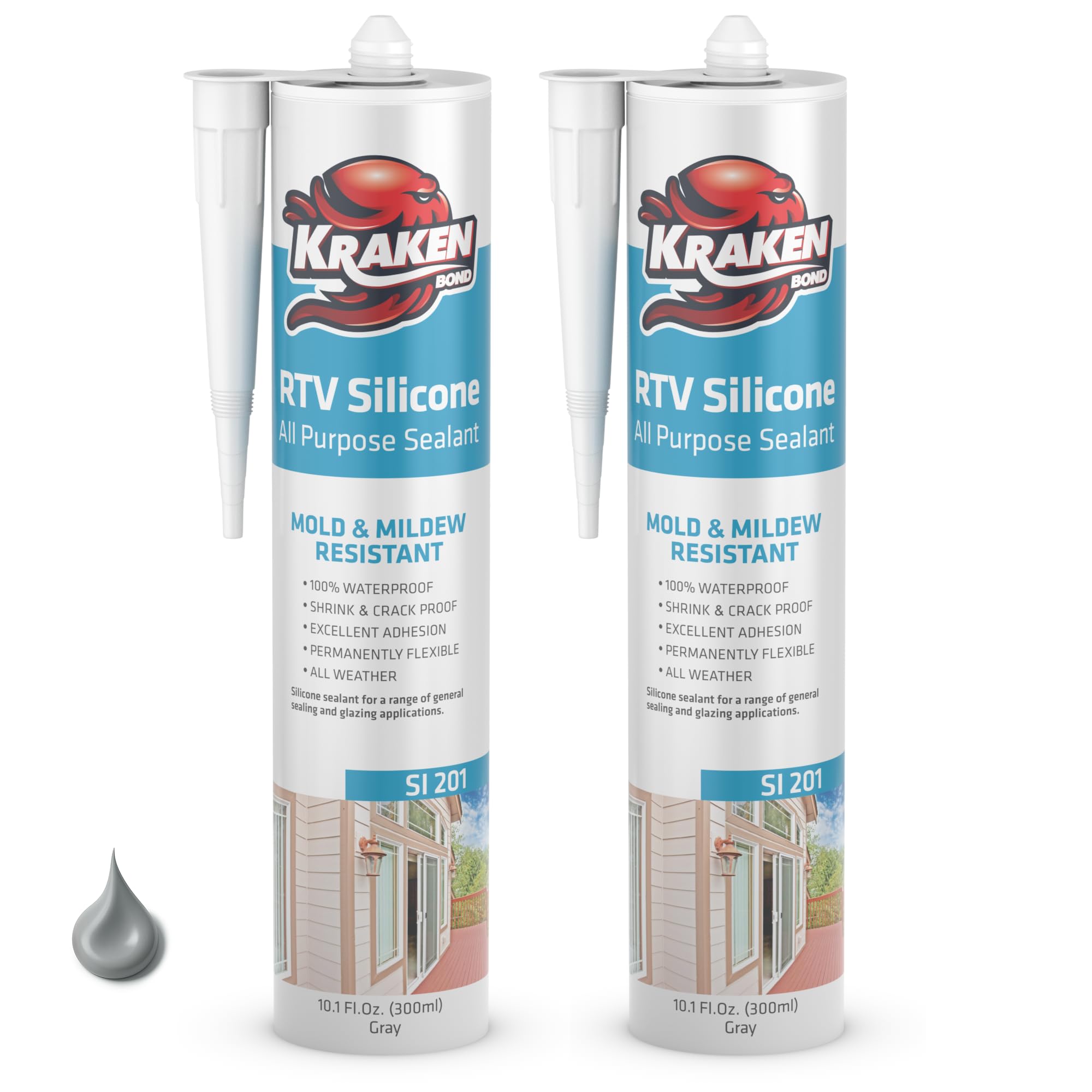 Kraken Bond Gray Silicone Sealant Waterproof% 100-10 fl oz Cartridge - RTV Silicone Caulk Kitchen and Bathroom, All Purpose, Window Caulking Sealant