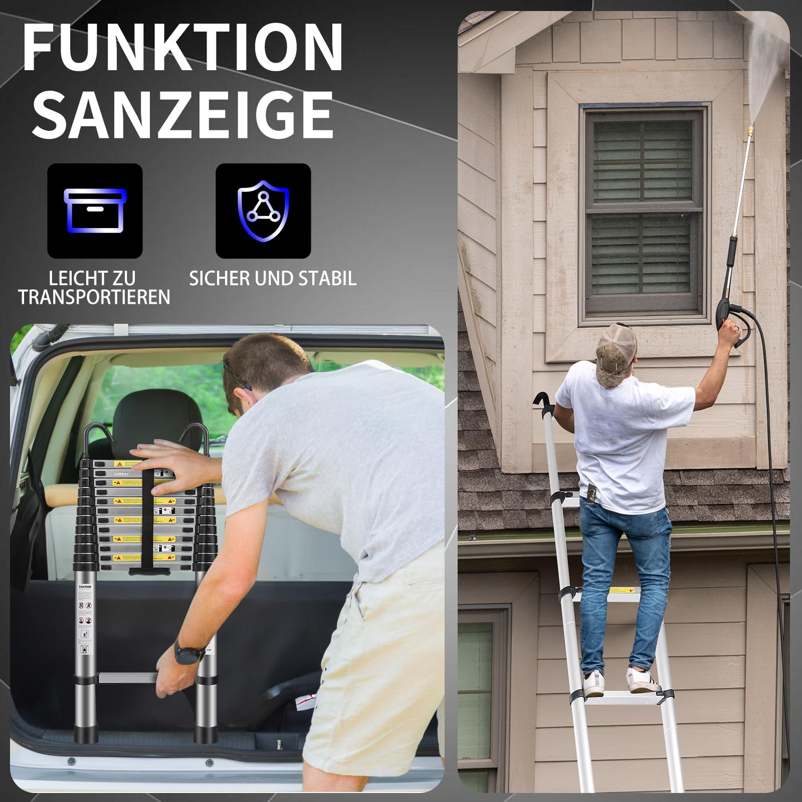 JADDUO 6,5 m Teleskopleiter Aluminium Leichtbau-Ausziehleiter mit 2 Dreieckstabilisatoren Zusammenklappbare Dachboden- und Wohnmobil-Reiseleiter für Zuhause und Outdoor
