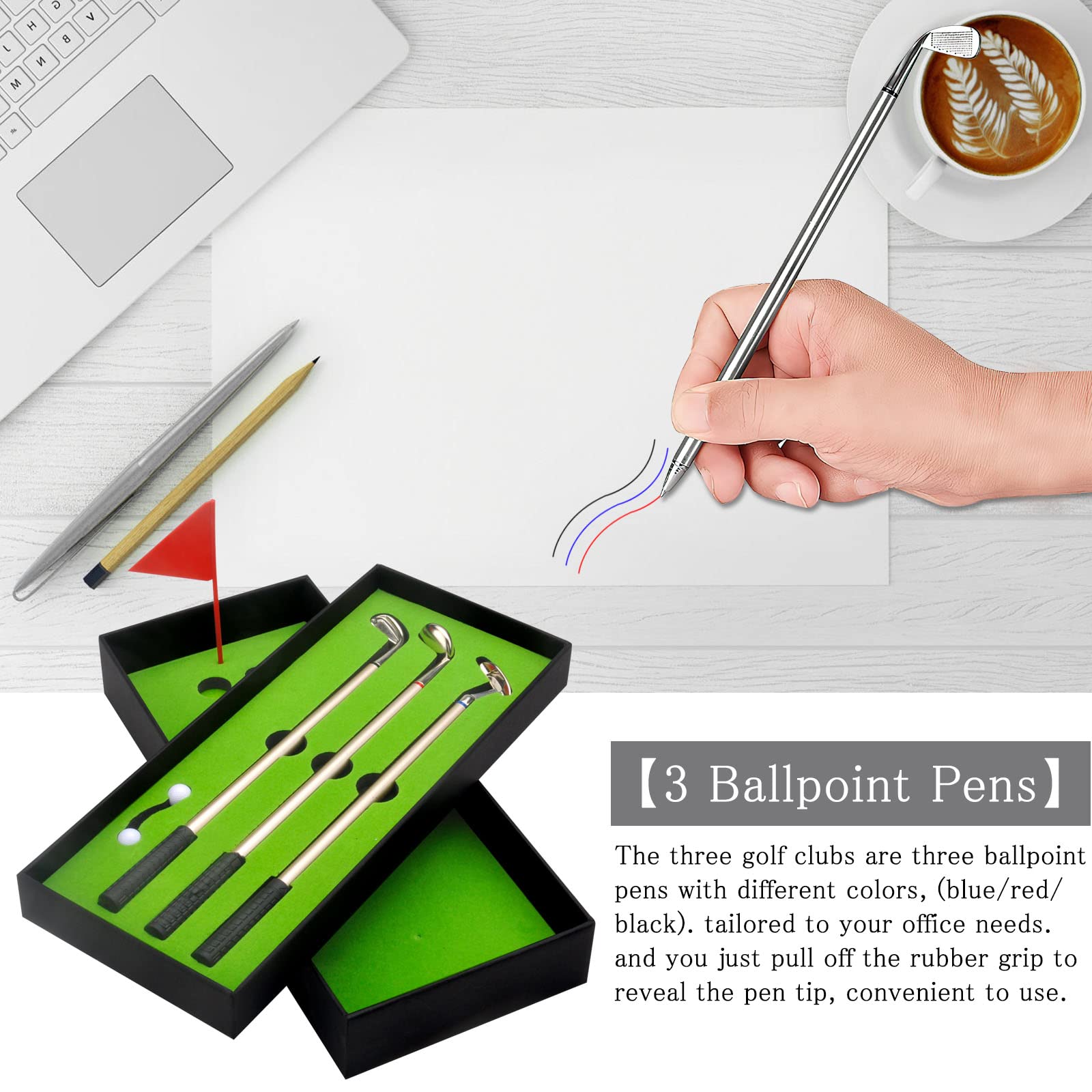 DAWRIS Set di Penne da Golf, Regalo da Golf da Tavolo 3 Bastoncini con Mini Penna a Sfera