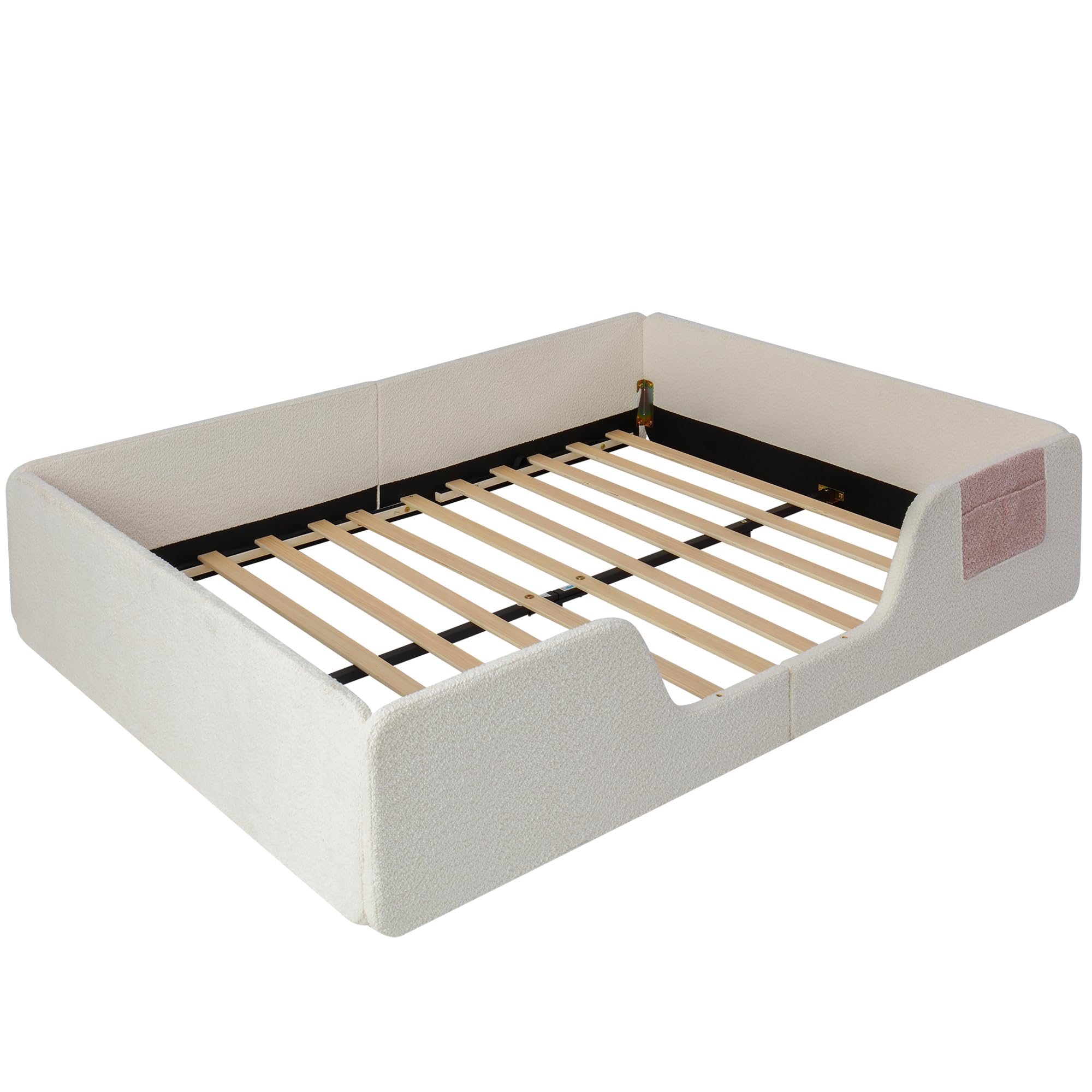 Montessori Letto a Terra per Bambini 140x190cm, Letto Piazza e Mezza per Bambini con Borsa Portaoggetti in Tessuto e Sponde di Sicurezza Removibili, Letto imbottito in Velluto(Senza Materasso) Beige