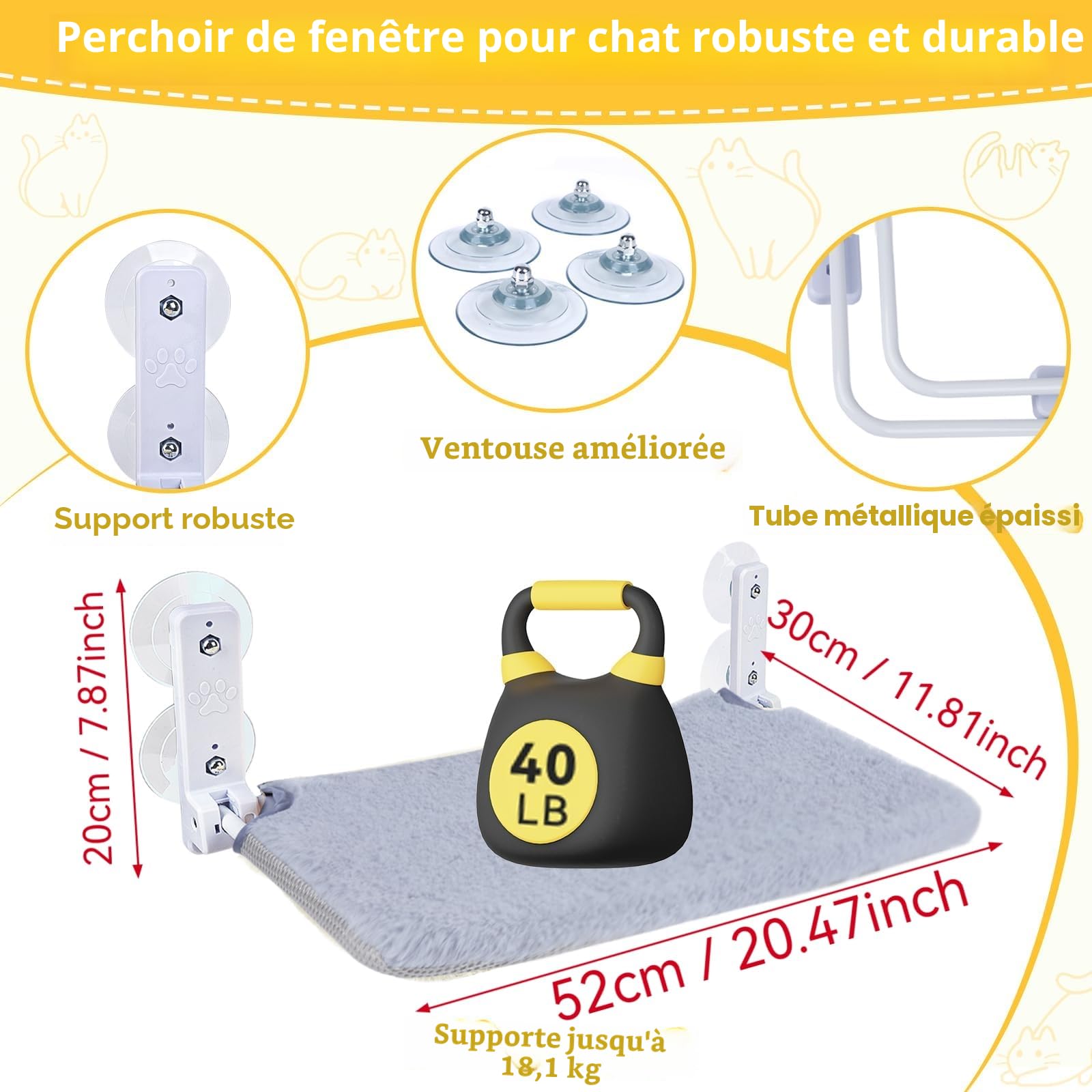 Hamac pour Chat pour fenêtre - 45 x 30 cm - Lit en Peluche - Pliable et Stable - 4 ventouses puissantes jusqu'à 18 kg (Gris-XL)
