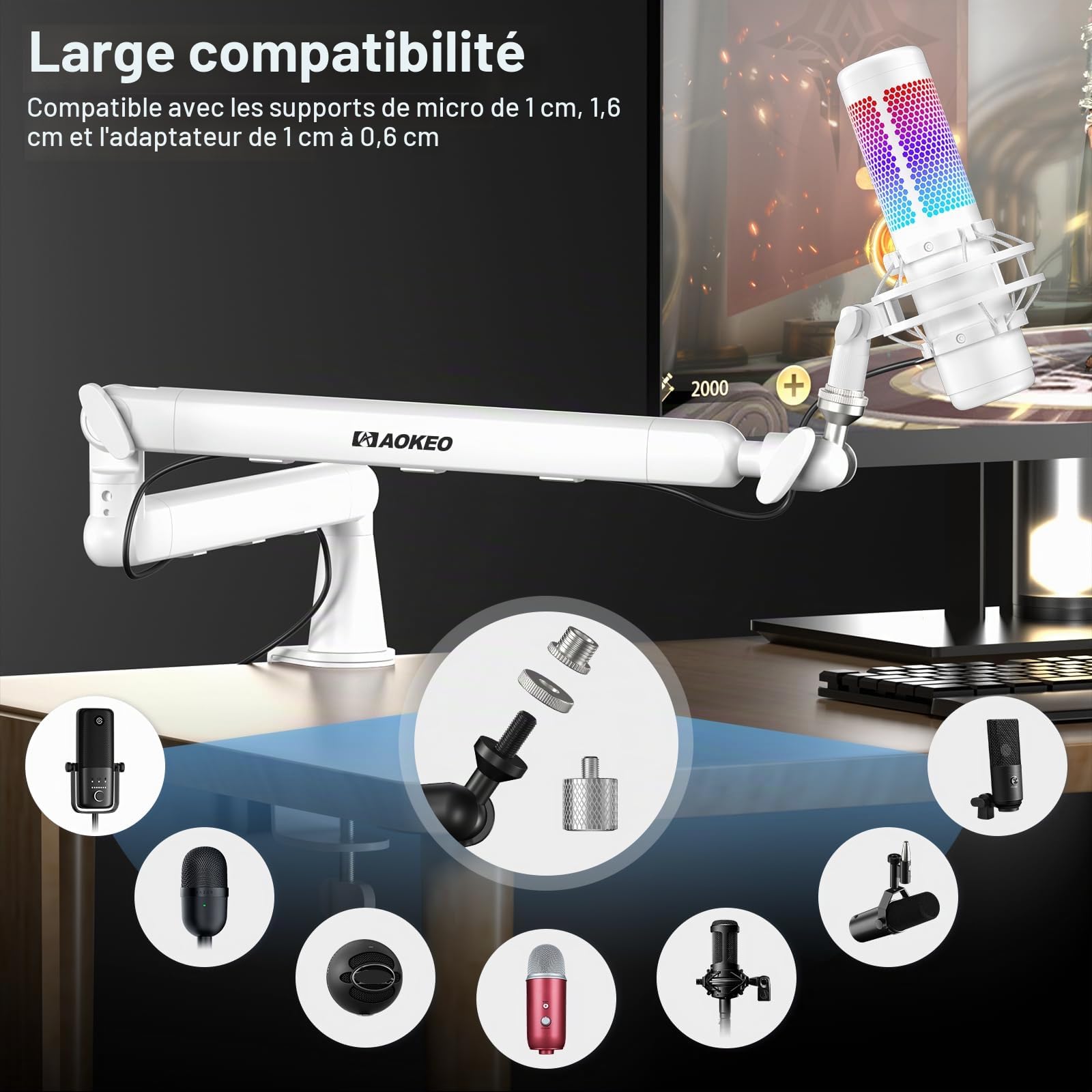 Aokeo AK-55 Bras de microphone réglable pour bureau - Convient pour Blue Yeti, Snowball iCE, HyperX QuadCast, SoloCast, Elgato Wave, etc