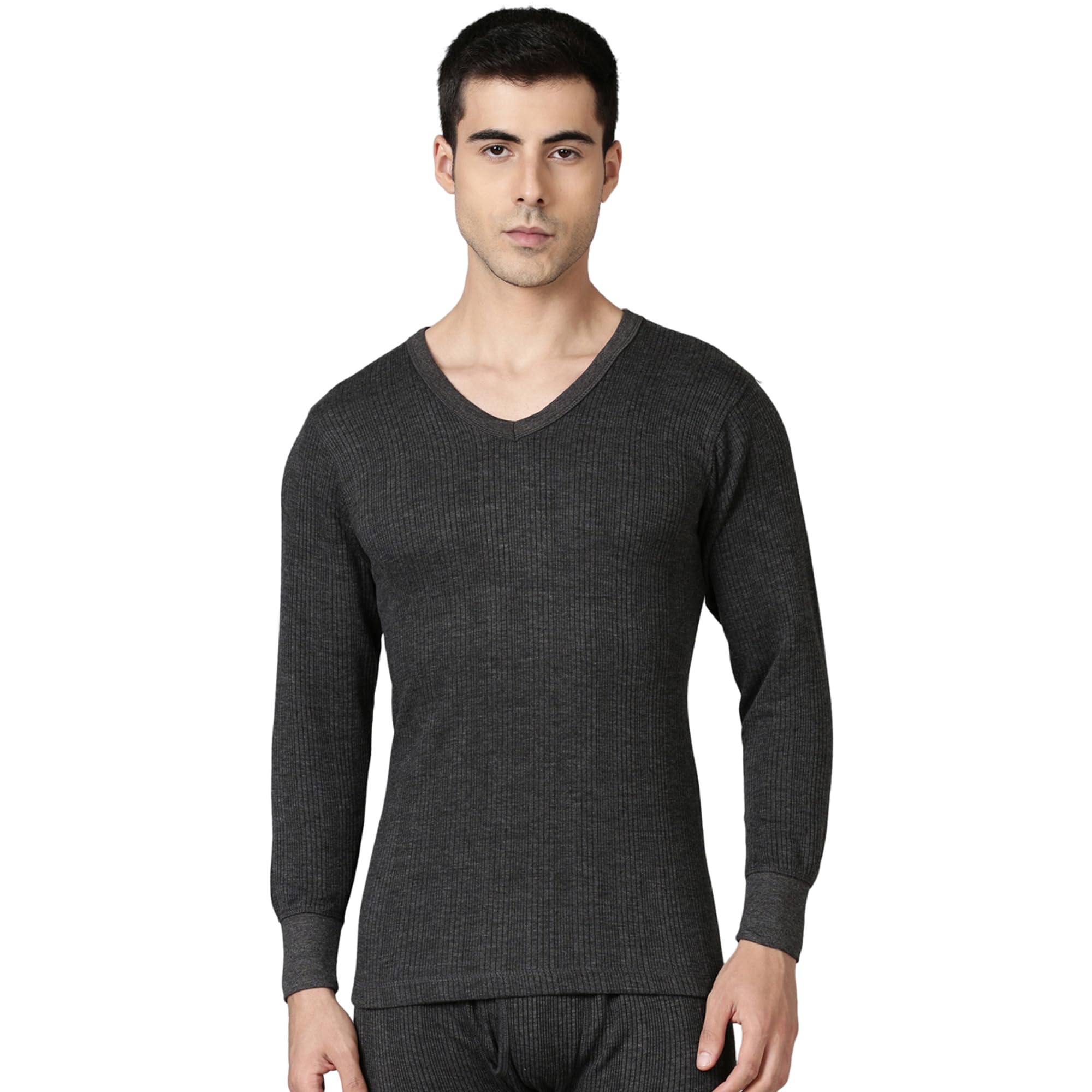 Mens Dark V-Neck Full Sleeves Solid Thermal Tops (Pack of 1)-image-2