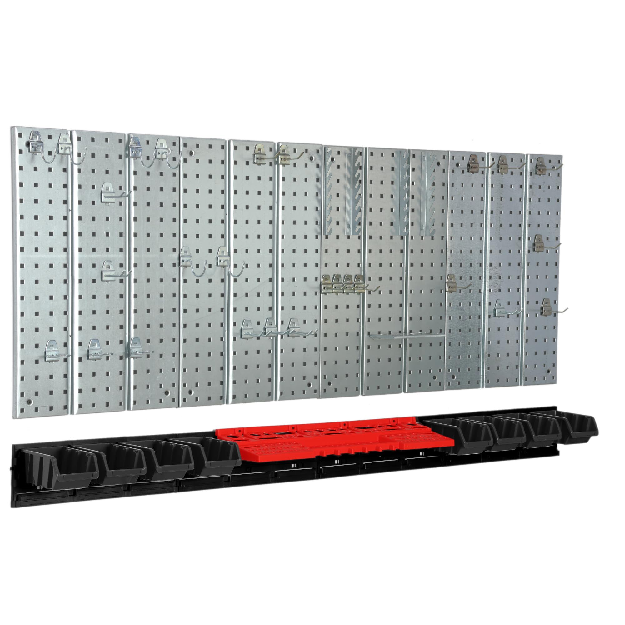 Panel de herramientas de metal 156 x 72 cm, sistema de almacenamiento con portaherramientas, ganchos para herramientas y 8 cajas apilables de 100 x 150 x 70 mm, color: negro, tablero perforado,