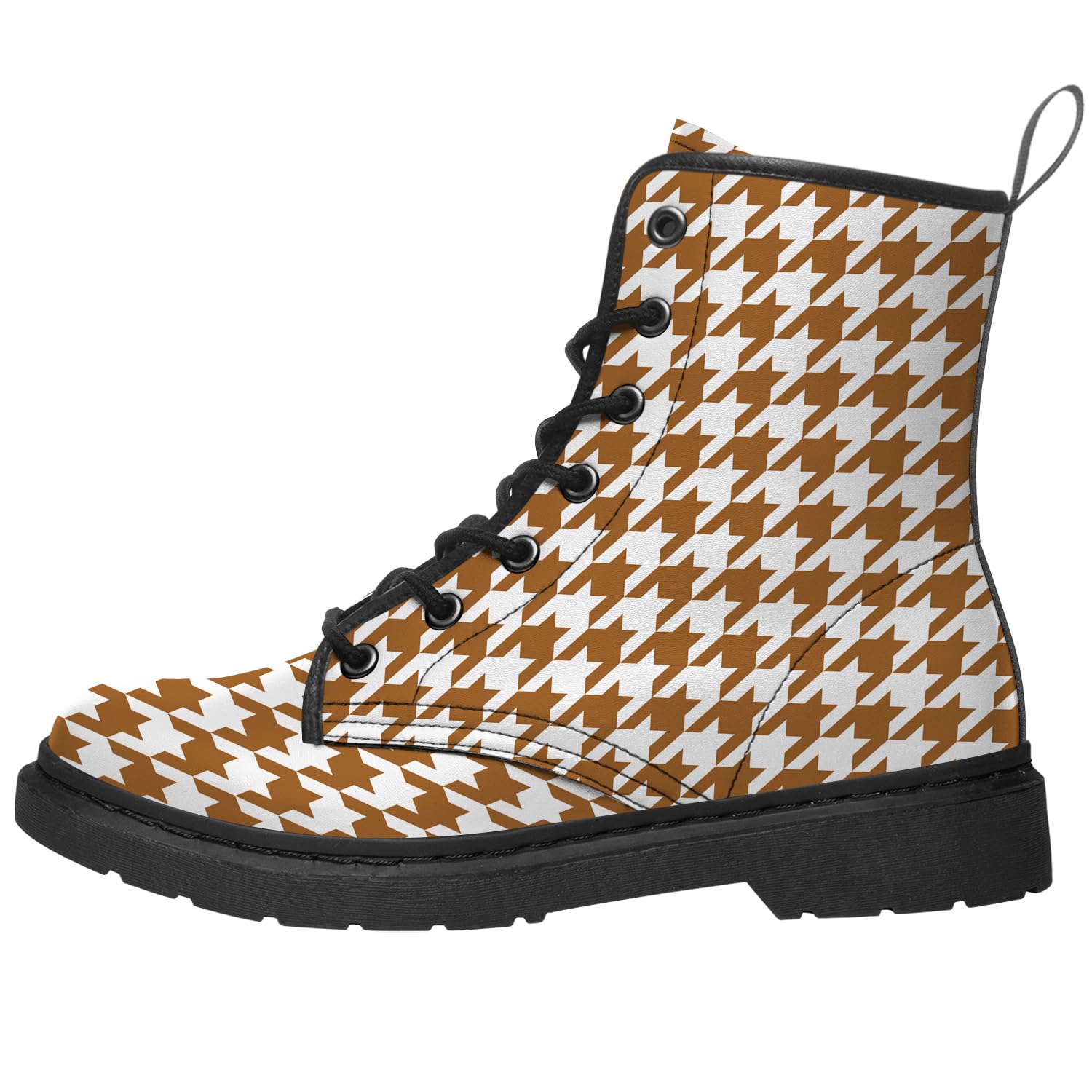 Houndstooth Boots for Women Combat Boots Black PU Leather Lace-up Ankle Booties Gifts for Her Him