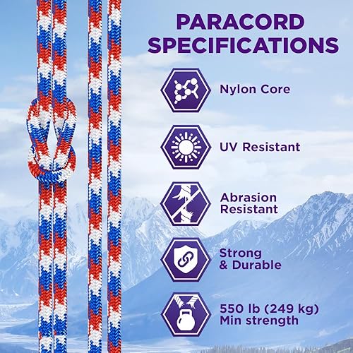 Miniatura 3 de TECEUM Paracord de 550 libras, ideal para manualidades, bricolaje, campamento, militares y actividades al aire libre - Cuerda táctica de paracaídas