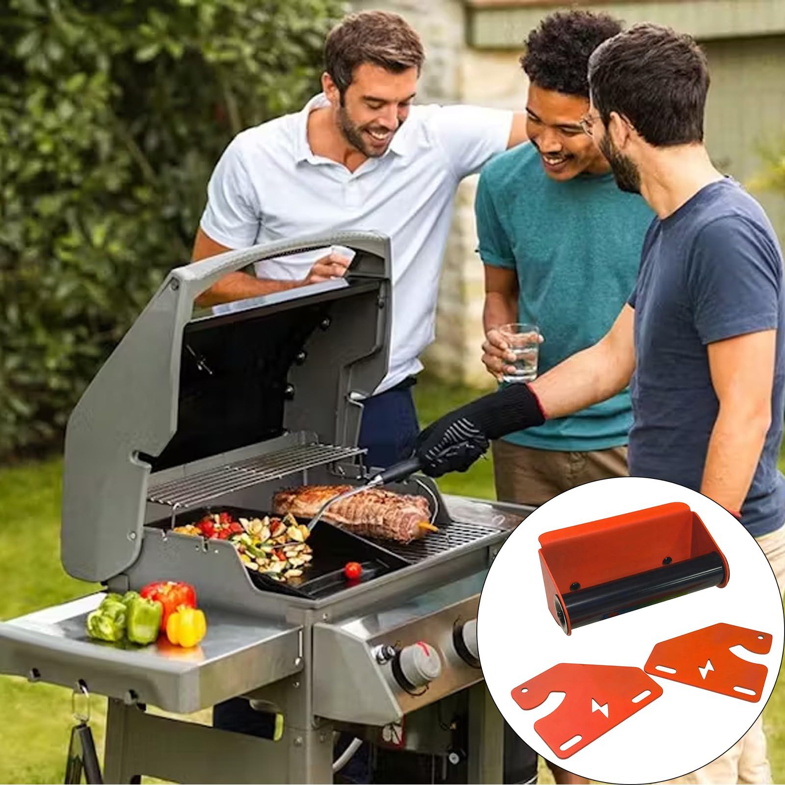 Generisch Gruppo di maniglie per coperchio barbecue in acciaio con 2 supporti a cerniera laterali, parti di ricambio per la riparazione del coperchio del barbecue piatto e la verifica della