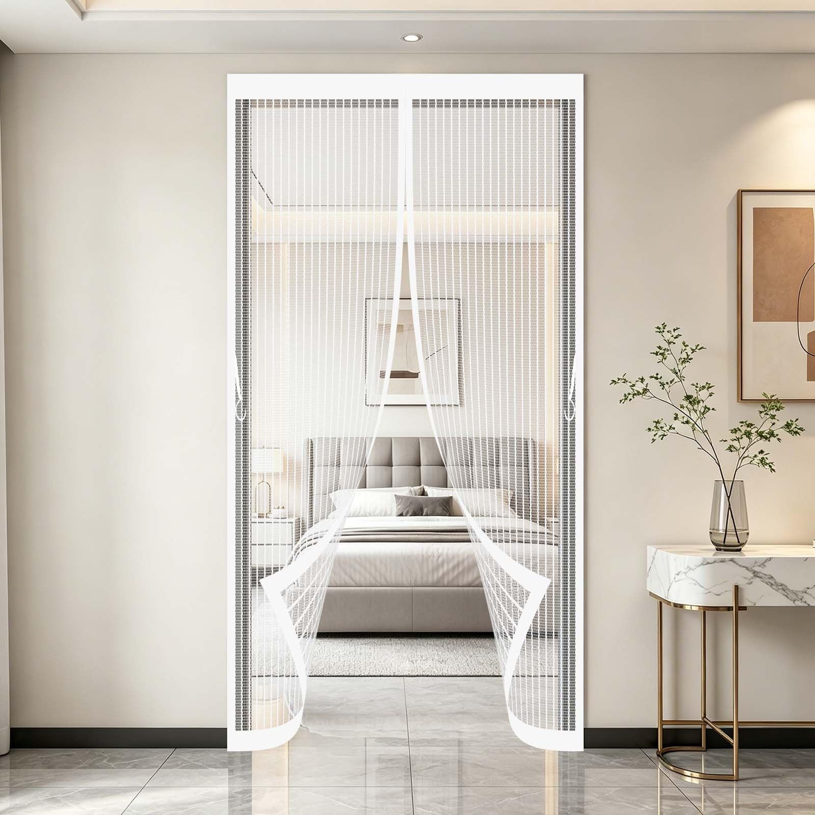 Fly Screen Door 114 x 226 cm No Drill Installation, Powerful Magnets, Full Frame Magic Tape Door Fly Screen Curtain Outside Patio Curtain Insect Mesh for Patio Balcony, White