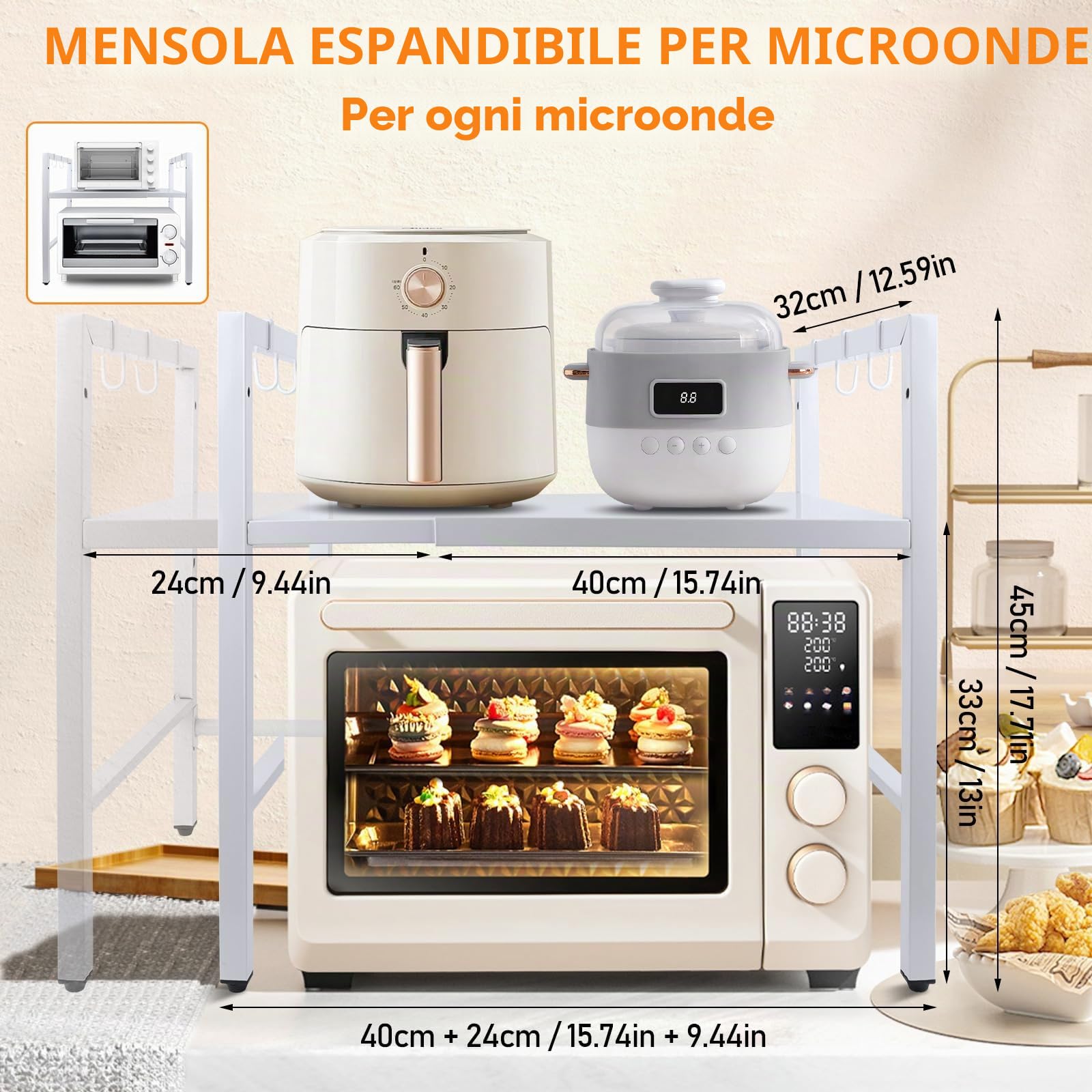MXTIMWAN Ripiano Espandibile per Microonde, Mensola Microonde Estensibile, Supporto Estensibile per Forno a Microonde 2 Livelli, Supporto per Microonde con 6 Ganci, 40-64cm
