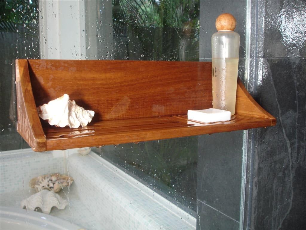 Teak Wood Suction Mount Shower Shelf with Razor Port