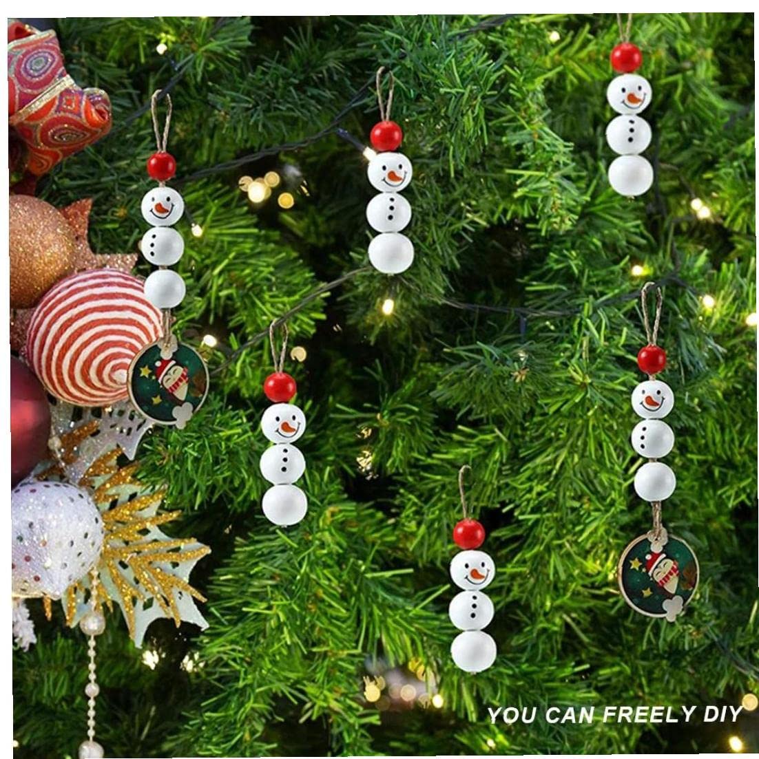 TOSSPER 50 Stuks Kerst Houten Kralen Sneeuwman Winter Losse Ronde Kraal Ornament Met Hennep Touw Voor Diy