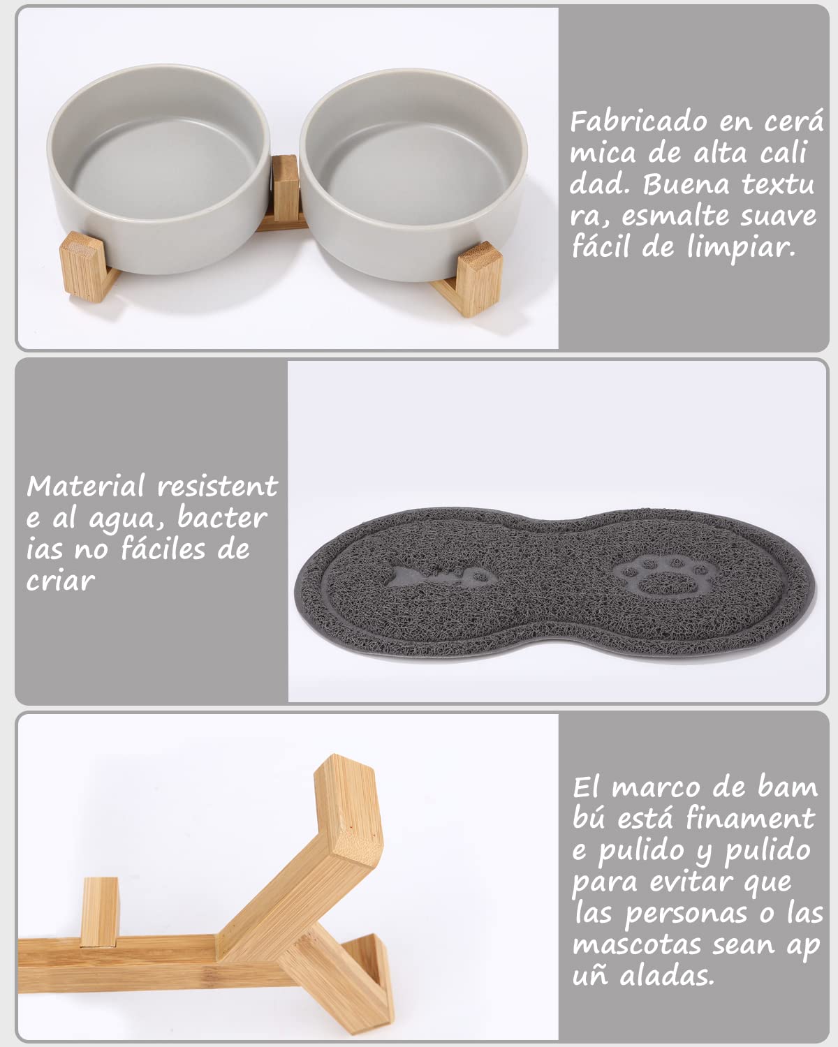 JOFLVA Ciotole Per Cani Ceramica,2 Pacchi 400ML Ciotole Per Gatti Con Base e Pad Antiscivolo Ciotola per Acqua e Cibo Adatto a cani di media e Piccola Taglia（grigio）
