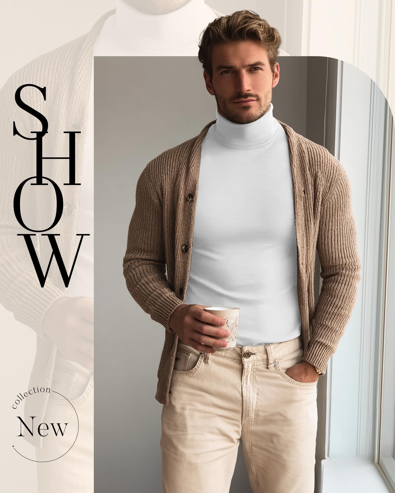 Neer Confezione da 5 magliette da uomo a maniche lunghe grandi e alte a collo alto, maglia termica casual basic leggera