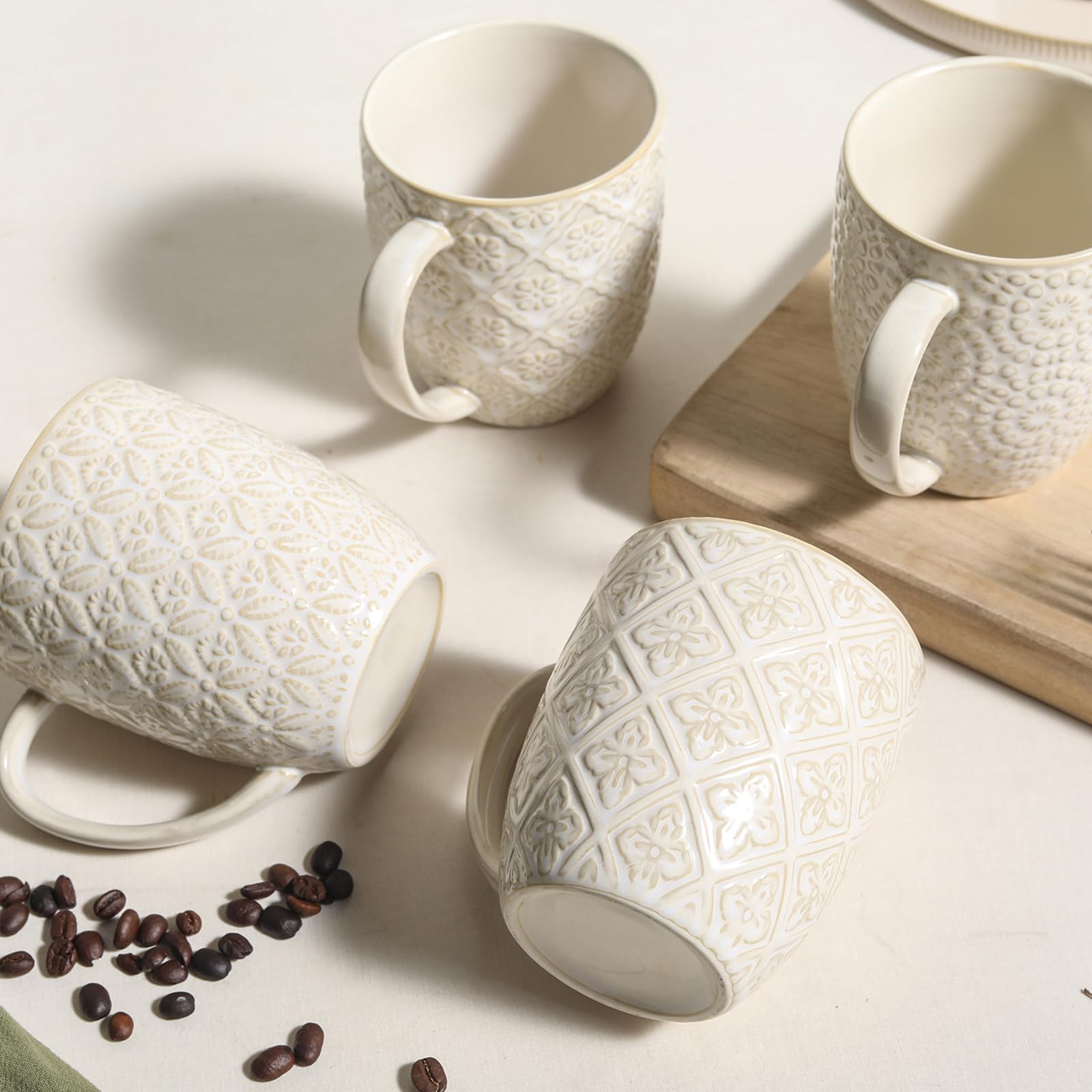 Amazon.com | 16OZ Ceramic Embossed Coffee Mugs Set, Large White Coffee Cups  with Handles, Porcelain Mug Sets with Patterns for Tea, Milk, Latte, Mocha,  Cocoa, Cappuccino, Dishwasher Safe, Cups Set Gift (4PCS):