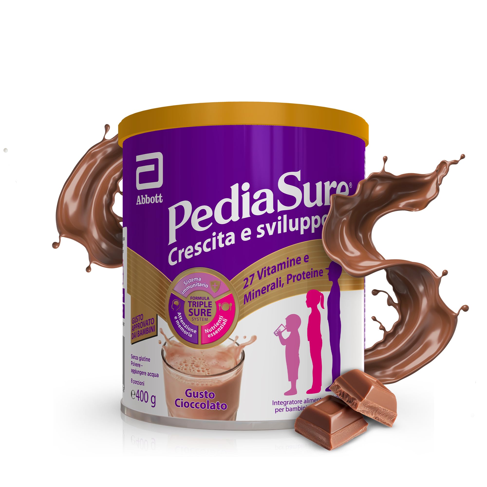 PEDIASURE Crescita e Sviluppo, Integratore Alimentare per Bambini da un anno in su, Multivitaminico con 27 Vitamine e Minerali e Proteine, Confezione 400g, gusto Cioccolato