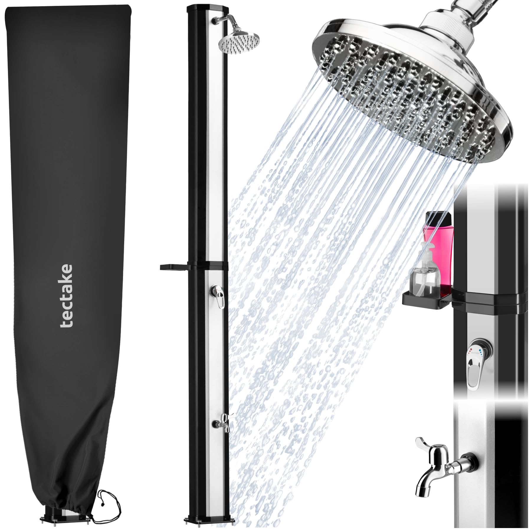 TecTake® Solardusche 35 l, bis 60° C warmes Wasser, drehbarer Regenduschkopf, mit Gartenschlauch-Anschluss und Wasserhahn, Solar Dusche Garten, Gartendusche, Camping Dusche - schwarz/Silber