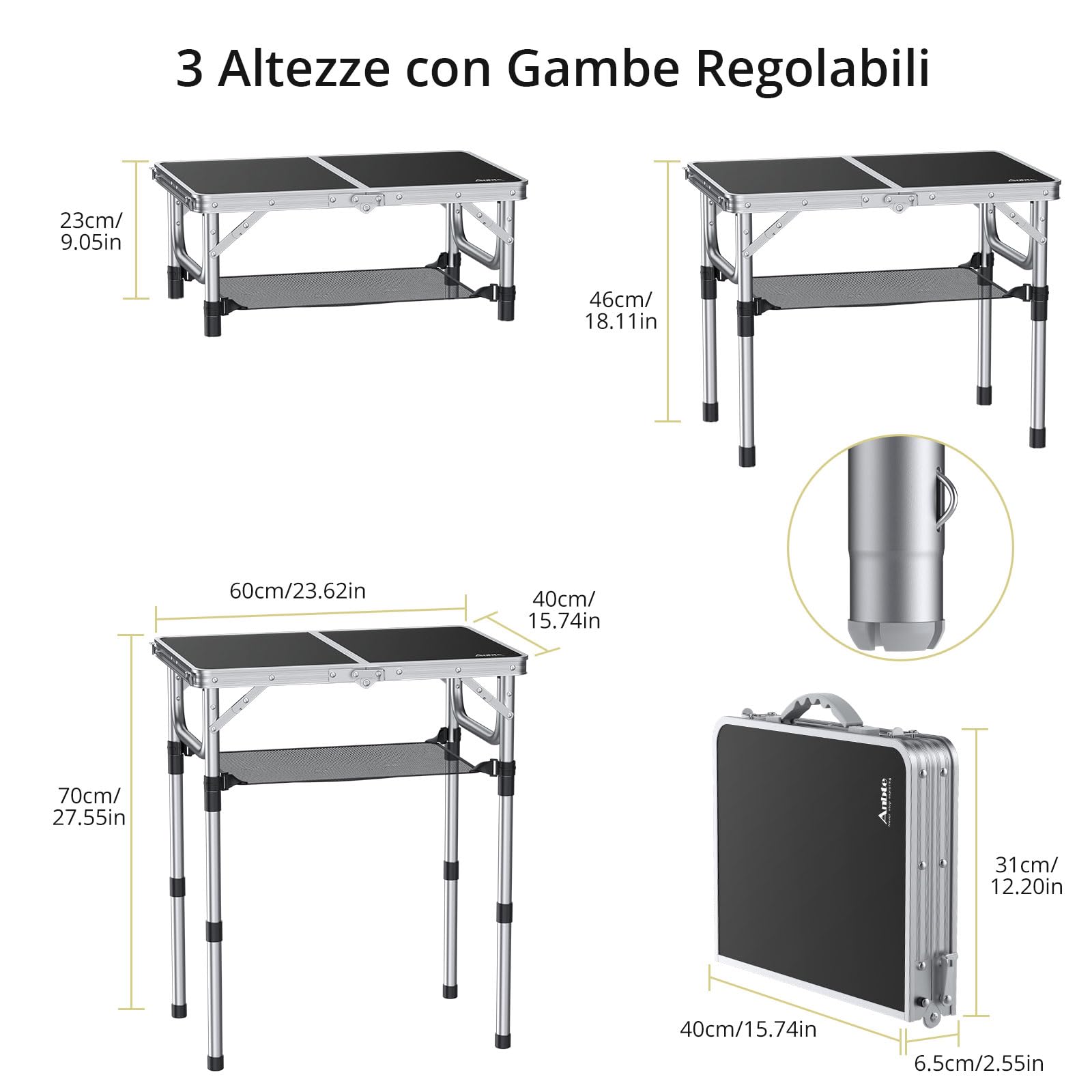 Anbte Tavolo da Campeggio Pieghevole Regolabile in Alluminio Portatile 3 Altezze con Rete di Stoccaggio Nero