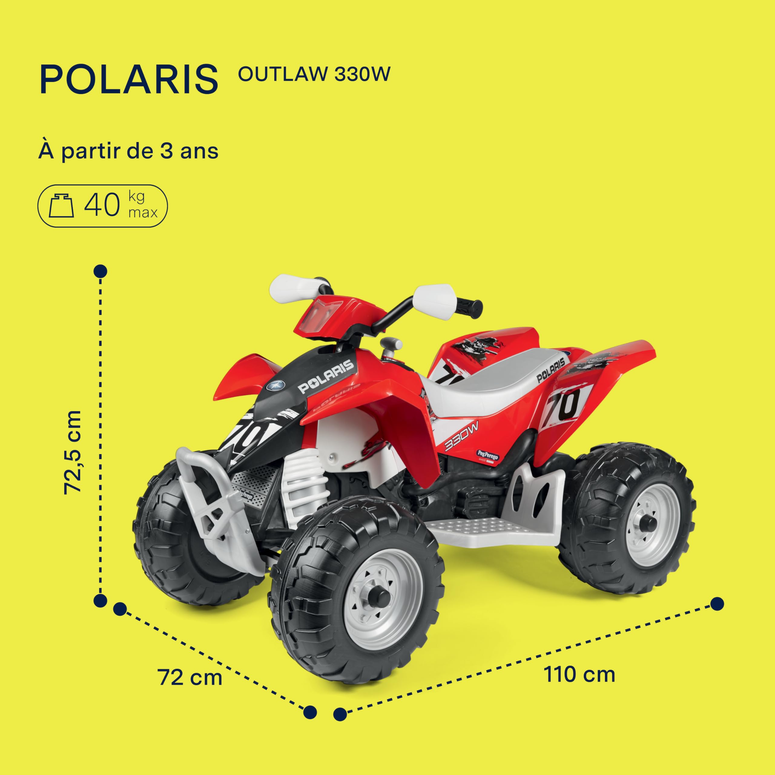 PEG Polaris Outlaw 330W Quad Électrique pour Enfants dès 3 Ans, Véhicule Électrique avec Batterie Rechargeable 12V, Tableau de Bord Multifonction, Musique, Lumières et Sons