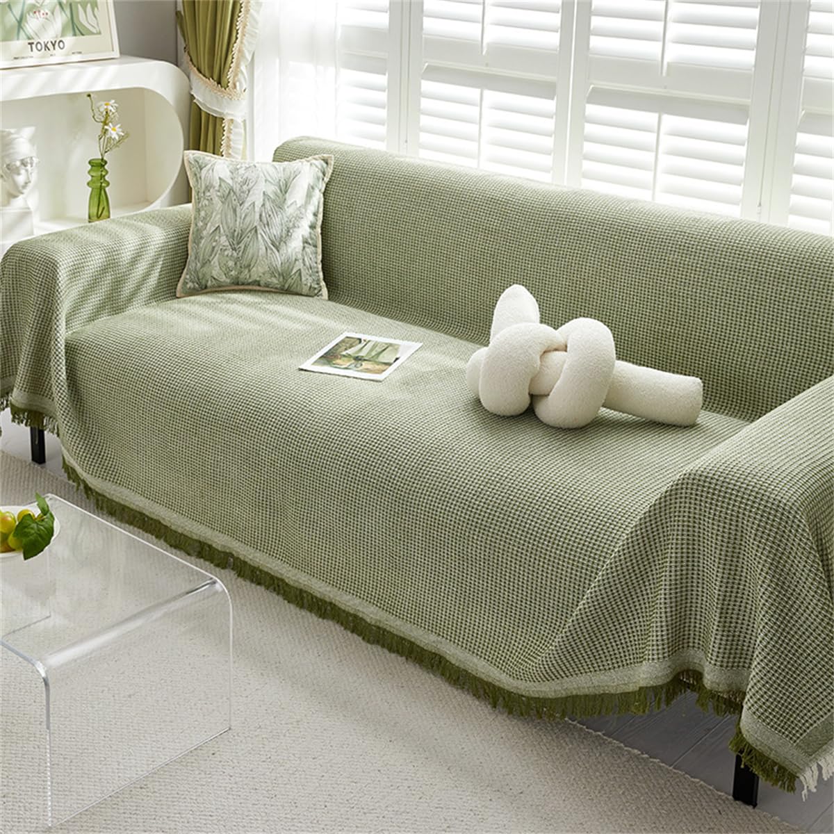 Cotton Sofas Throws Large 1/2/3/4 Seater, Bed Blanket Throws for Settees, Modern Solid Colour Non Slip Small Throw Sofa Covers King Size Blankets for Beds Double Cream Grey (Green,180x260cm)