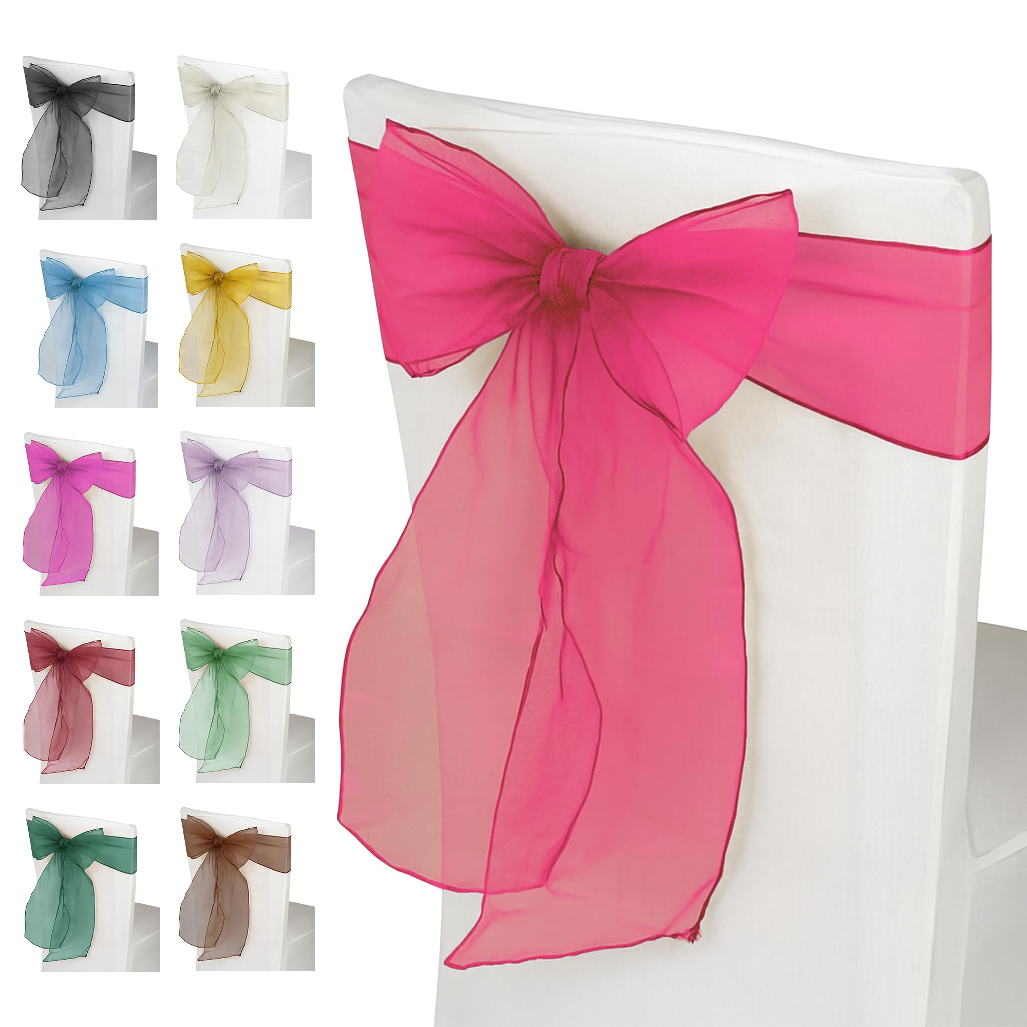 Event Decor Shop 50pcs Hot Pink Organza Chair Sashes – Wide Sashes for Fuller Bows, Ideal for Wedding, Birthday, Reception, and Anniversary Party Decorations, 17x280cm