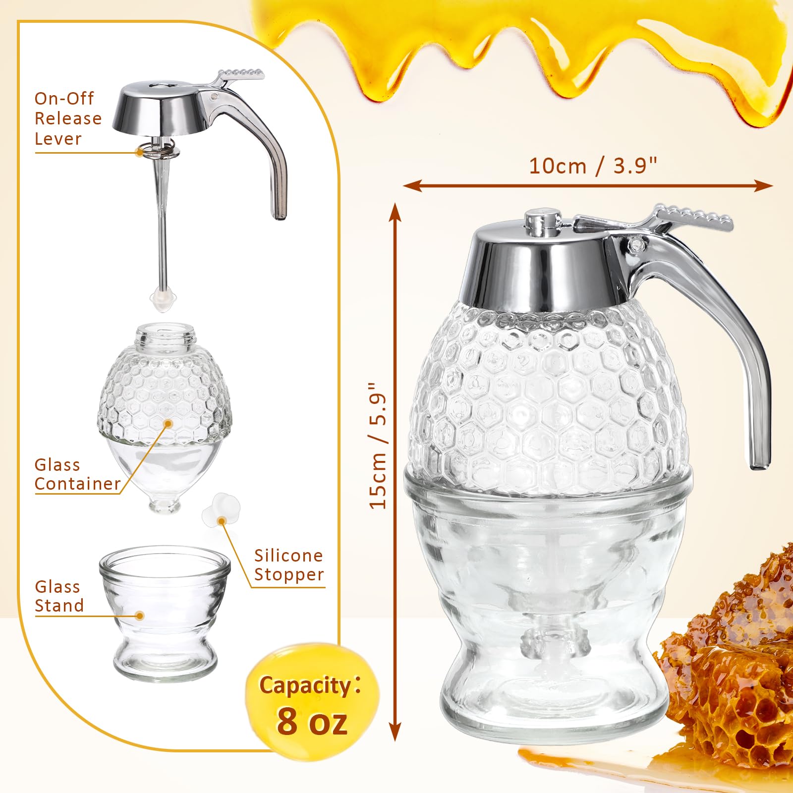 SUMNACON Dispenser per miele in vetro, contenitore per miele con supporto e manico, vaso per miele con dipper, dispenser per syrup, barattoli per miele facili da pulire, per tavolo da colazione