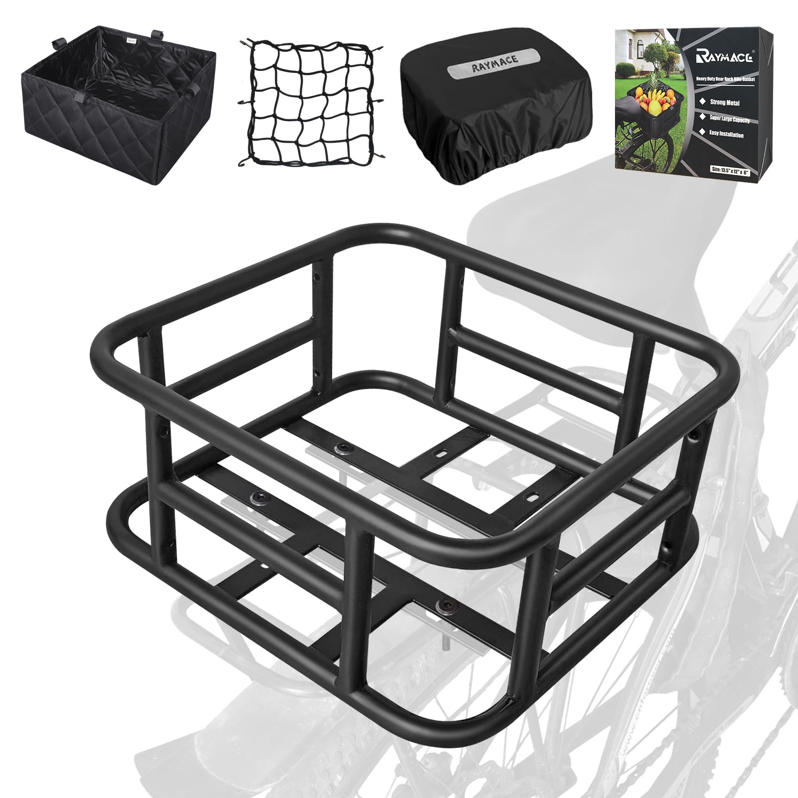RAYMACE Rear Rack Bike Basket with Cargo Net and Liner Large Bicycle Basket Perfect Mount for Electric Bike
