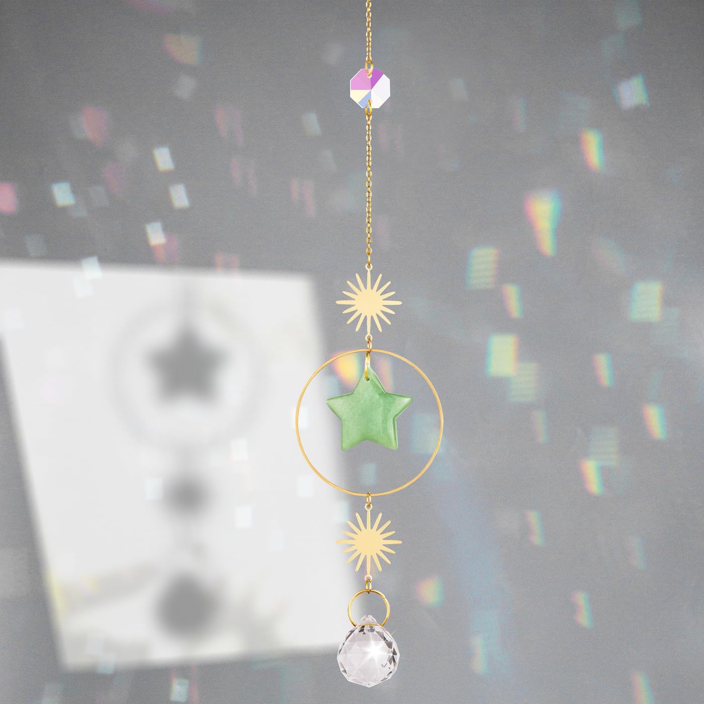 Sahoottie Green Aventurine Crystal Sun Catcher for Window Green Star Sun Catcher Hanging Crystal for Window Garden