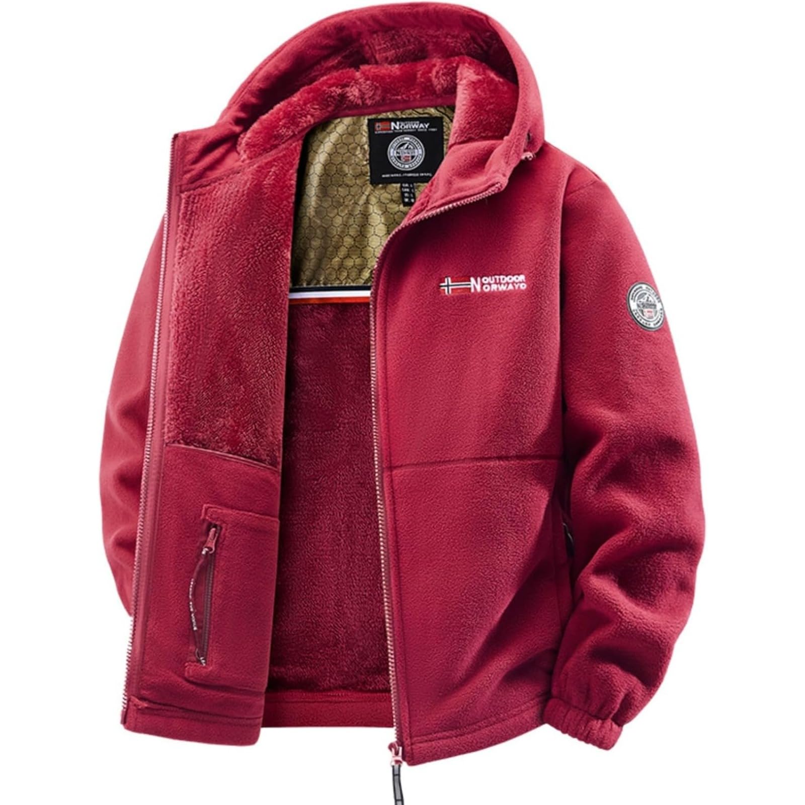 WINDEHAO Unisex Double-layer Padded Warm Jacket, Polar 360 Tactical Jacket Fleece Jackets Double-Layer Fleece Hooded Sherpa Jacket (3XL,red-Hooded)