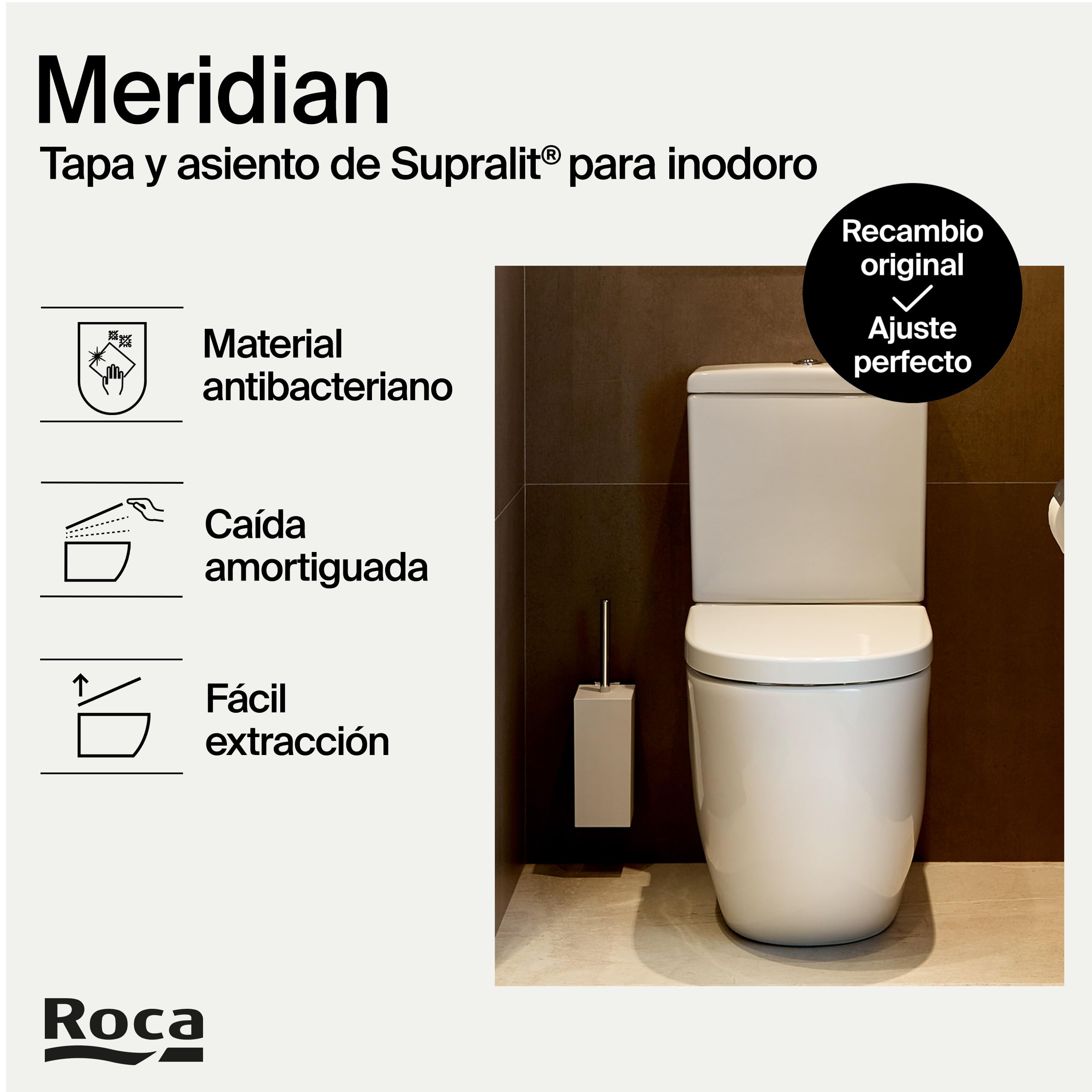 Roca Meridian - Tapa y asiento de Supralit para inodoro con caída amortiguada, tapadera de WC original con ajuste perfecto, recambio de tapa de váter resistente, blanco, A8012A200B