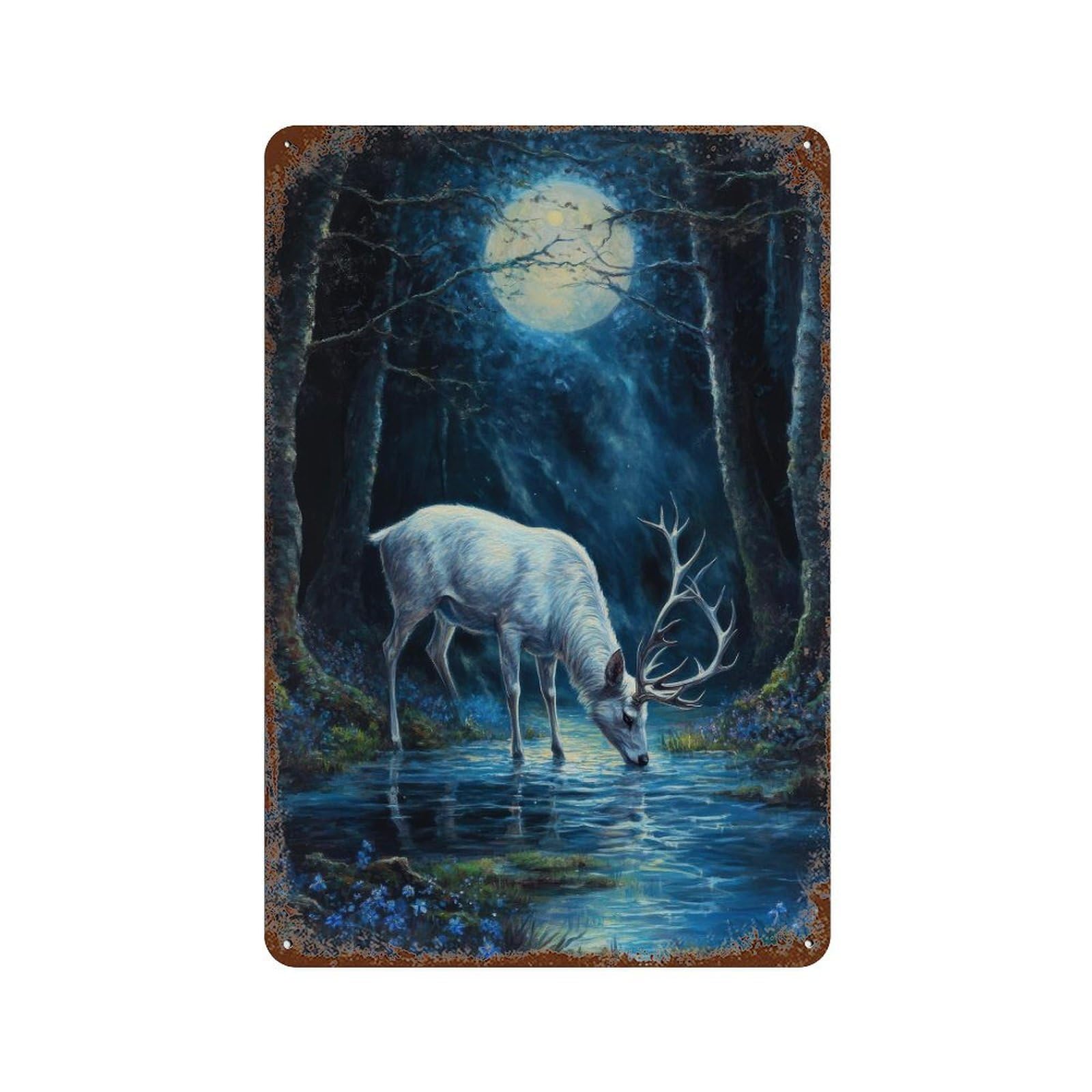 White Stag with Silver Antlers Cottagecore Decor Dark Academia Enchanted Woodland Illustration Vintage Nature1 Wall Decor Art Metal Tin Poster Modern Home Decor Art Home Bar Shop Decorations Vintage