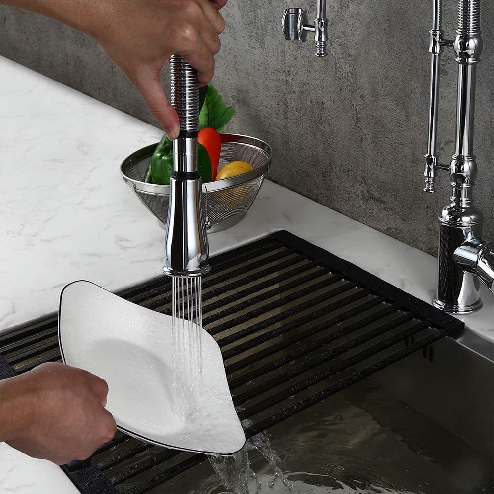 KunMai Robinet de cuisine rétractable double mode à arc haut avec poignée en porcelaine, chromé
