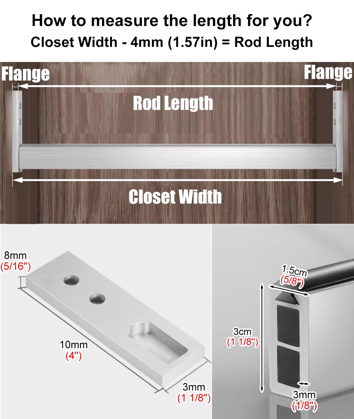 Drążek do wieszania ubrań, Oszczędzający miejsce drążek na ubrania, ze stopu aluminium, w zestawie uchwyty(75cm(29 1/2"))