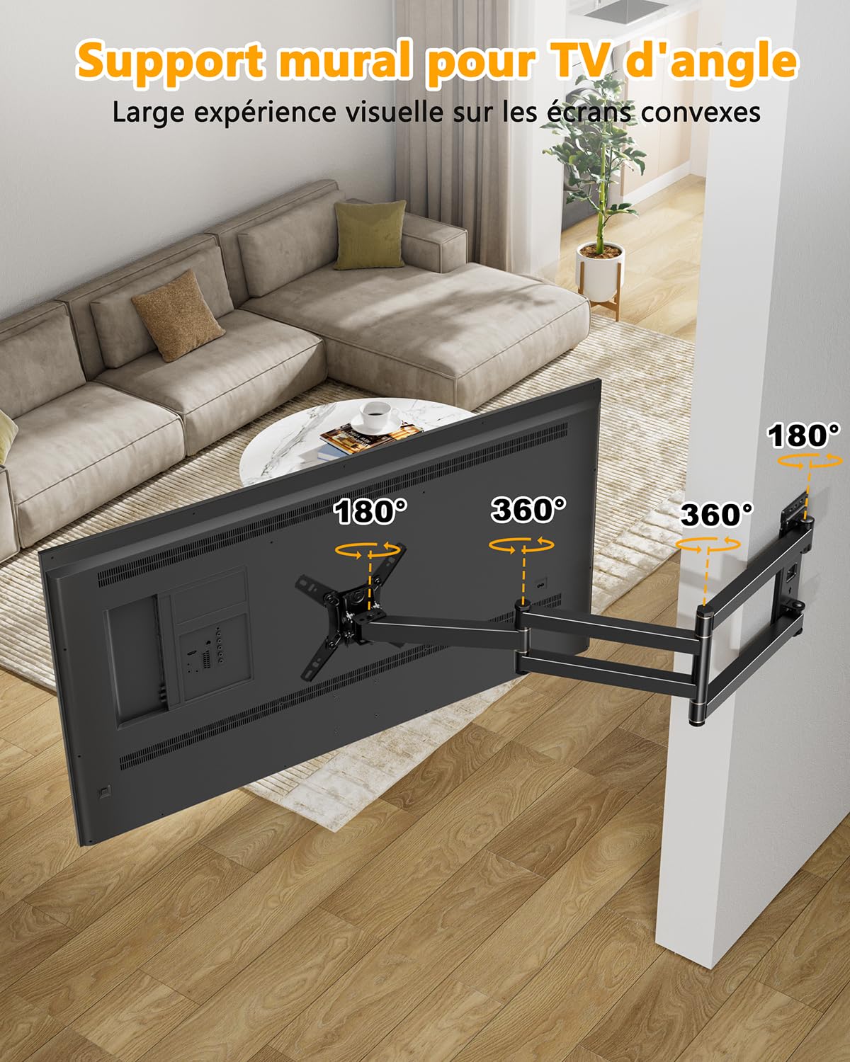 Support Mural TV à Extra Longue Portée 1036mm, [180°Rotation] [180° Pivotant] Support TV Mural Orientable et Inclinable pour Écrans & Monitors 13-43 Pouces LED LCD, Max VESA 200x200mm
