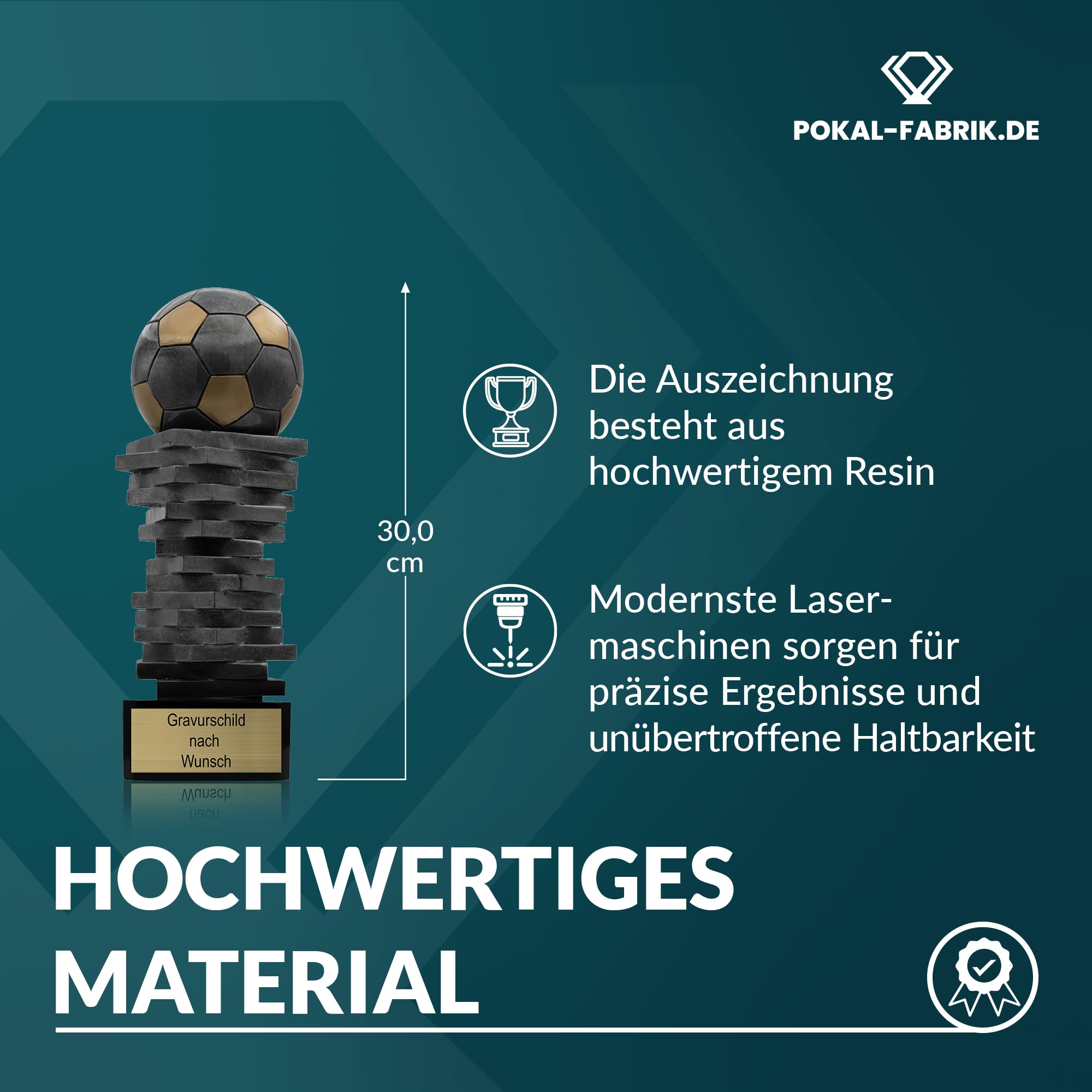 Pokal mit Gravur Wunschtext, Sportfigur, 30 cm | Personalisierte Auszeichnung für Fußball WM & Sport Events, inkl. Marmorsockel, Geschenk-Trophäe für Kinder